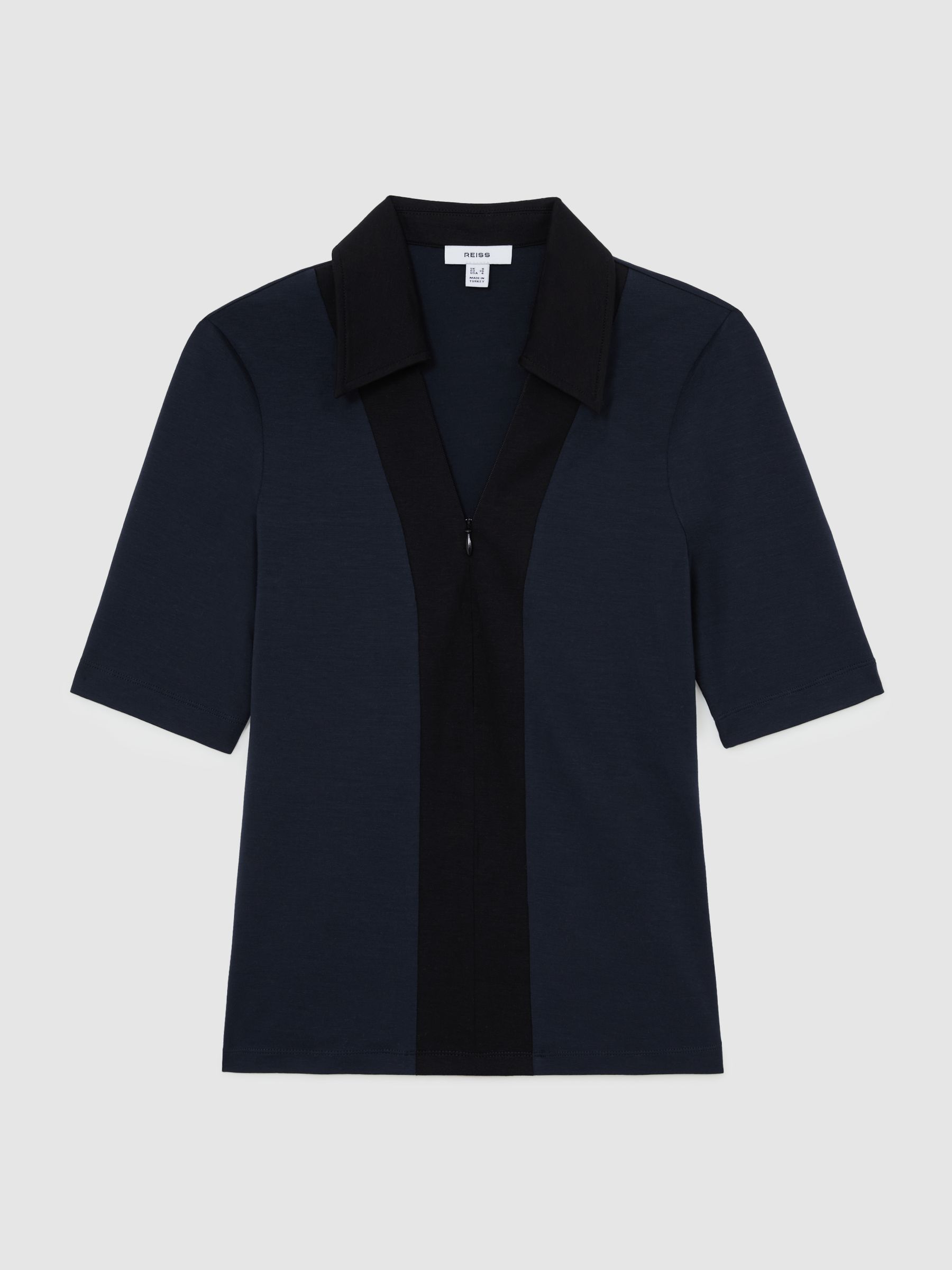 Jersey Colour-Block Half-Zip Polo Top in Navy/Black - Image 2 of 6 Jersey Colour-Block Half-Zip Polo Top in Navy/Black - Image 2 of 6