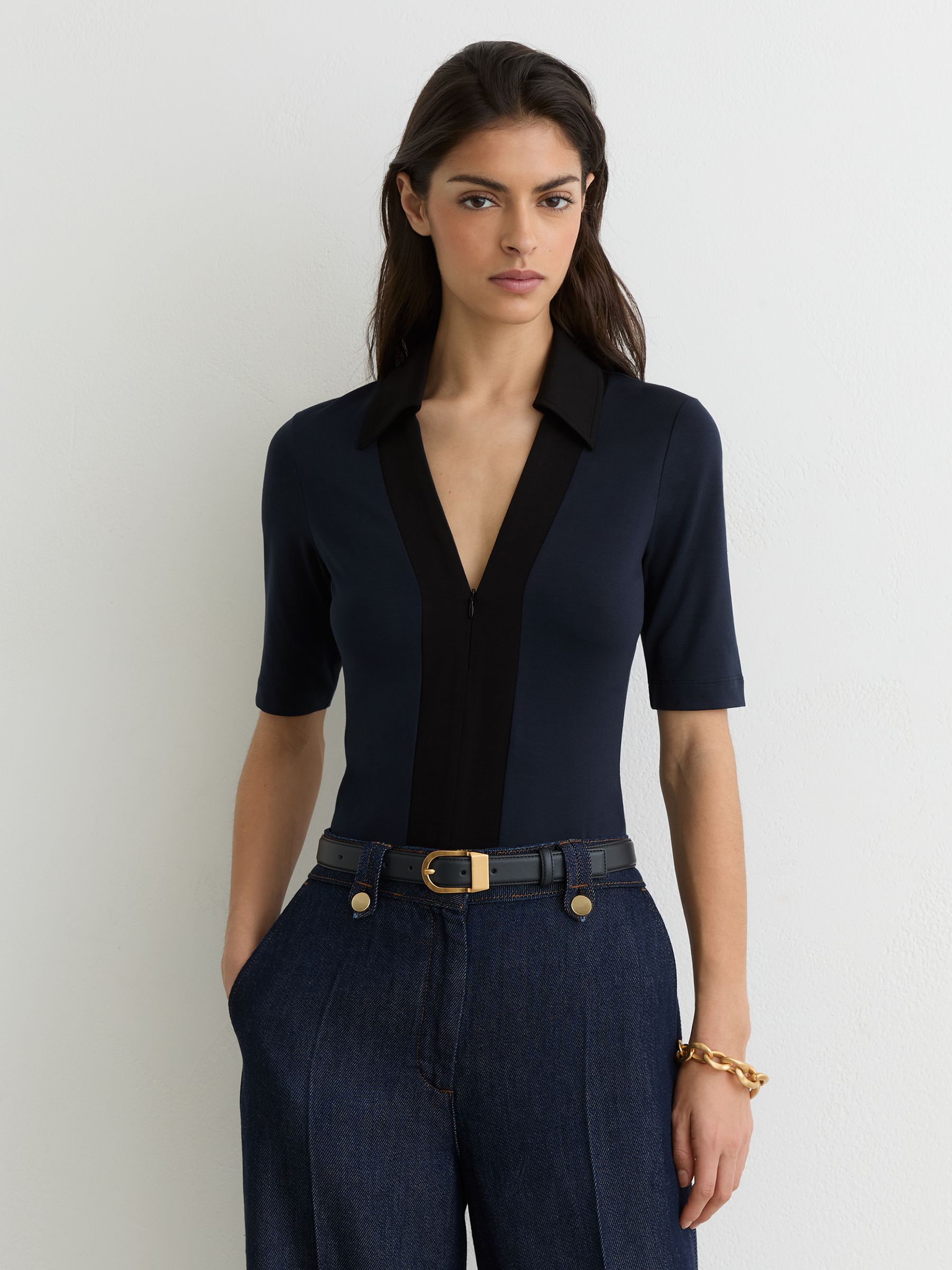 Jersey Colour-Block Half-Zip Polo Top in Navy/Black - Image 3 of 6