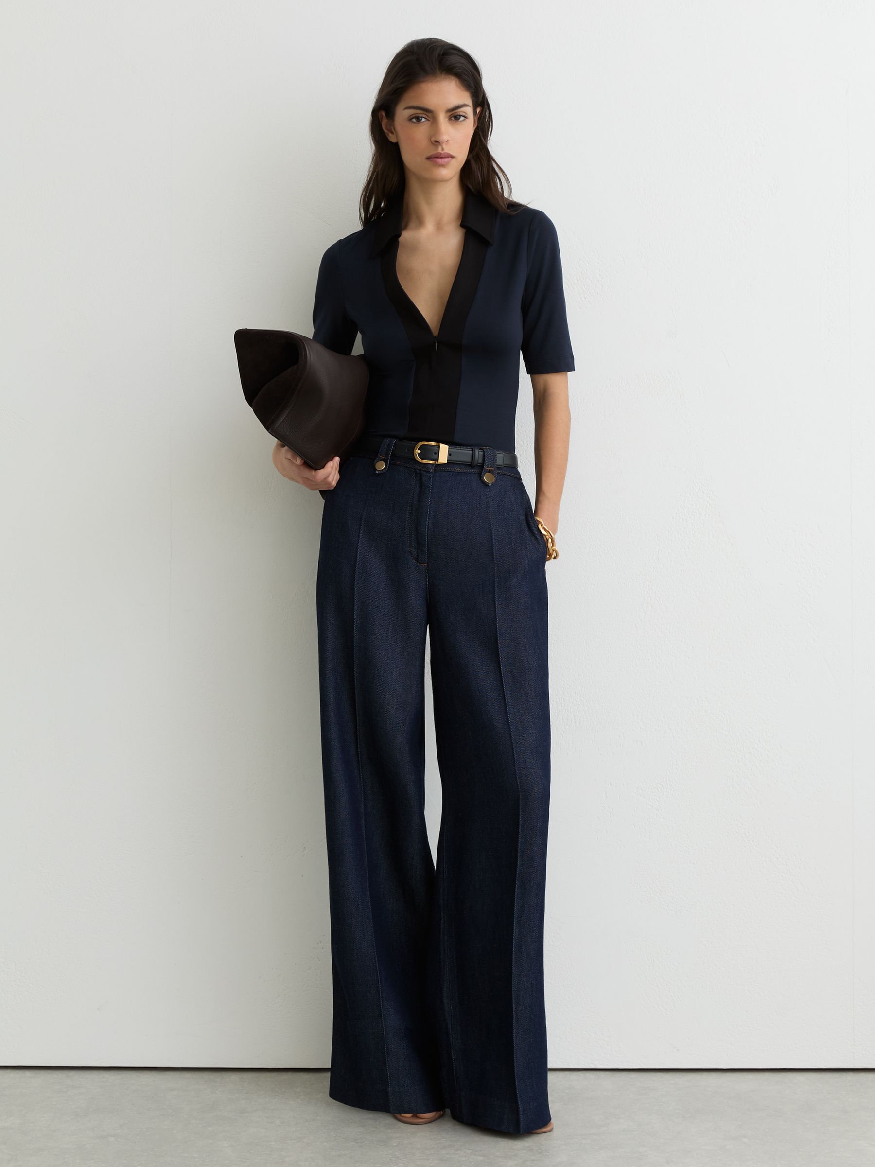 Jersey Colour-Block Half-Zip Polo Top in Navy/Black - Image 4 of 6