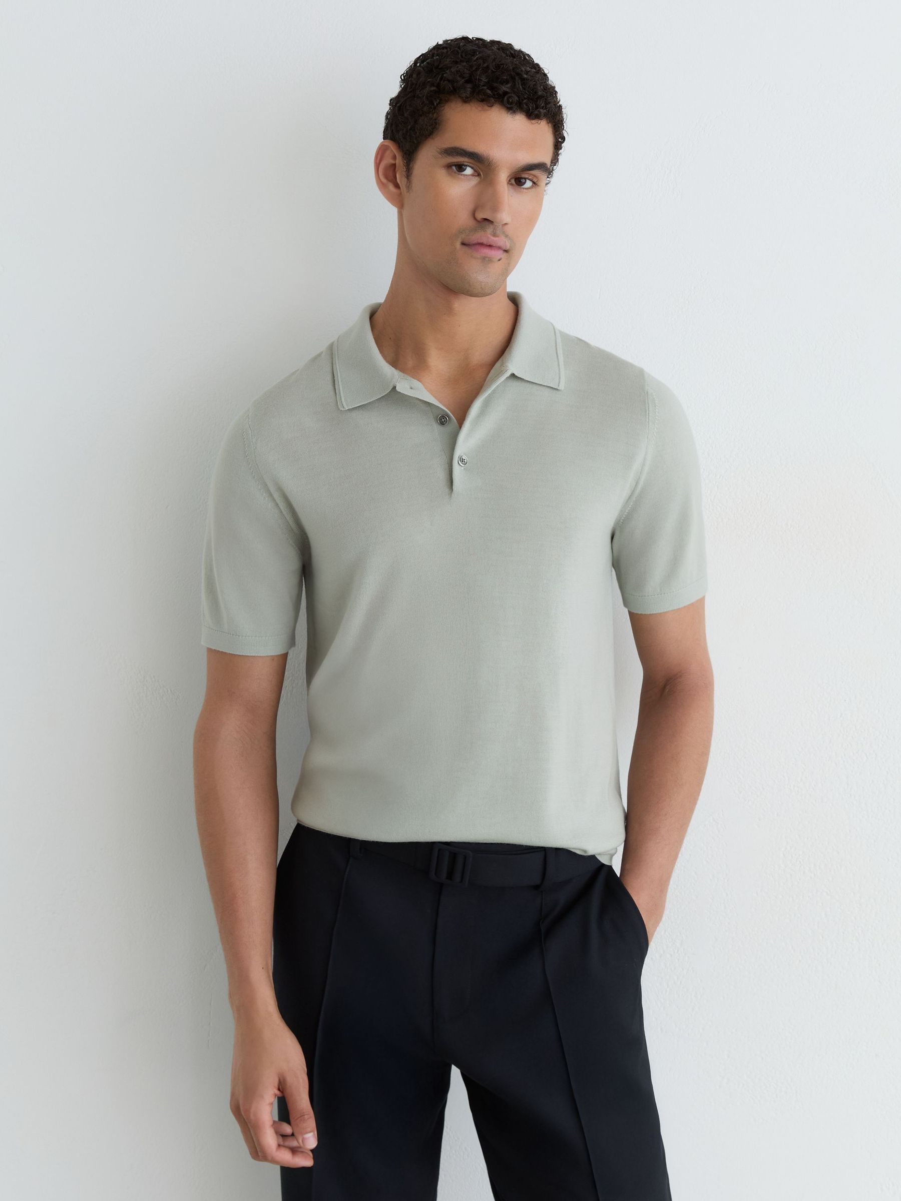 Merino Wool Short-Sleeve Polo Shirt in Minty Sage Green - Image 1 of 6