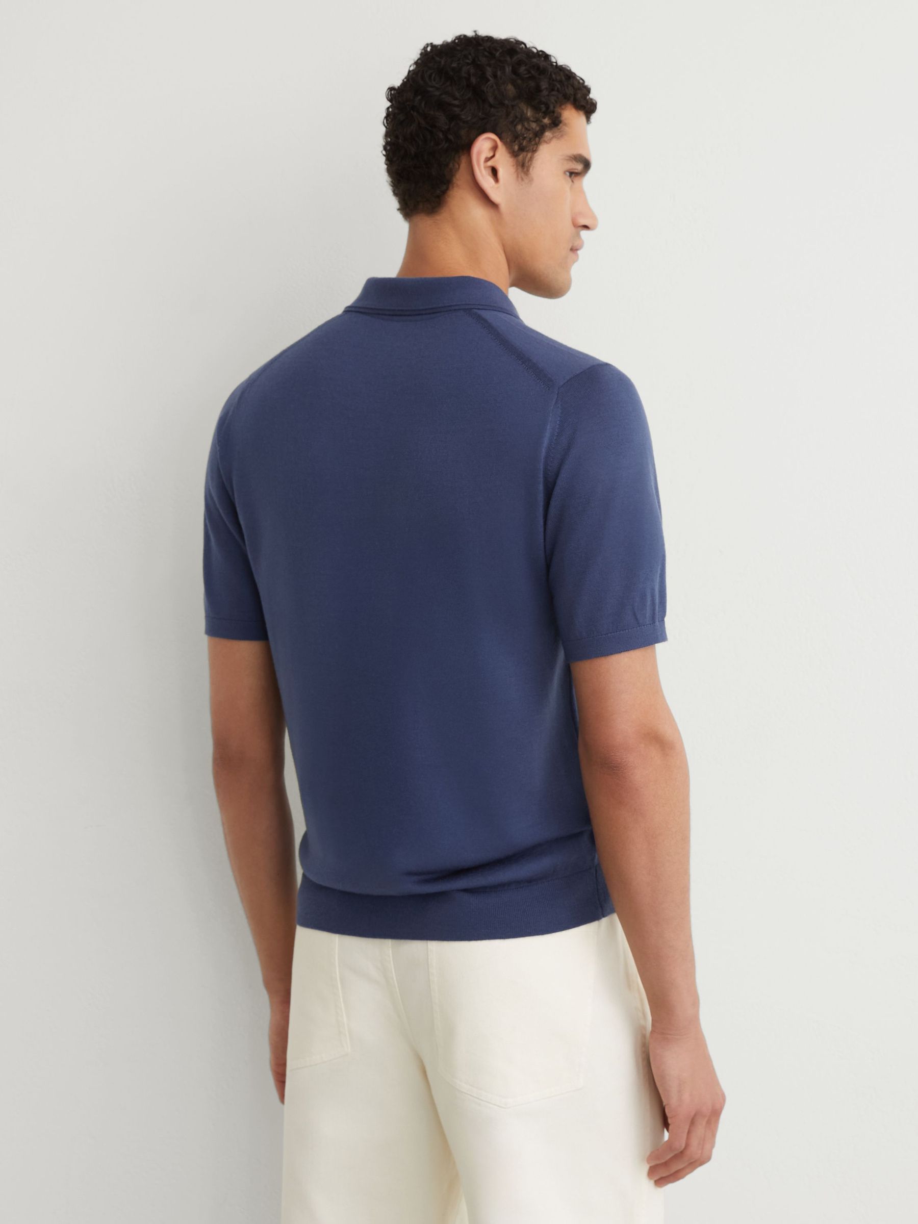 Merino Wool Open Collar Polo Shirt in Surf Blue - Image 5 of 6