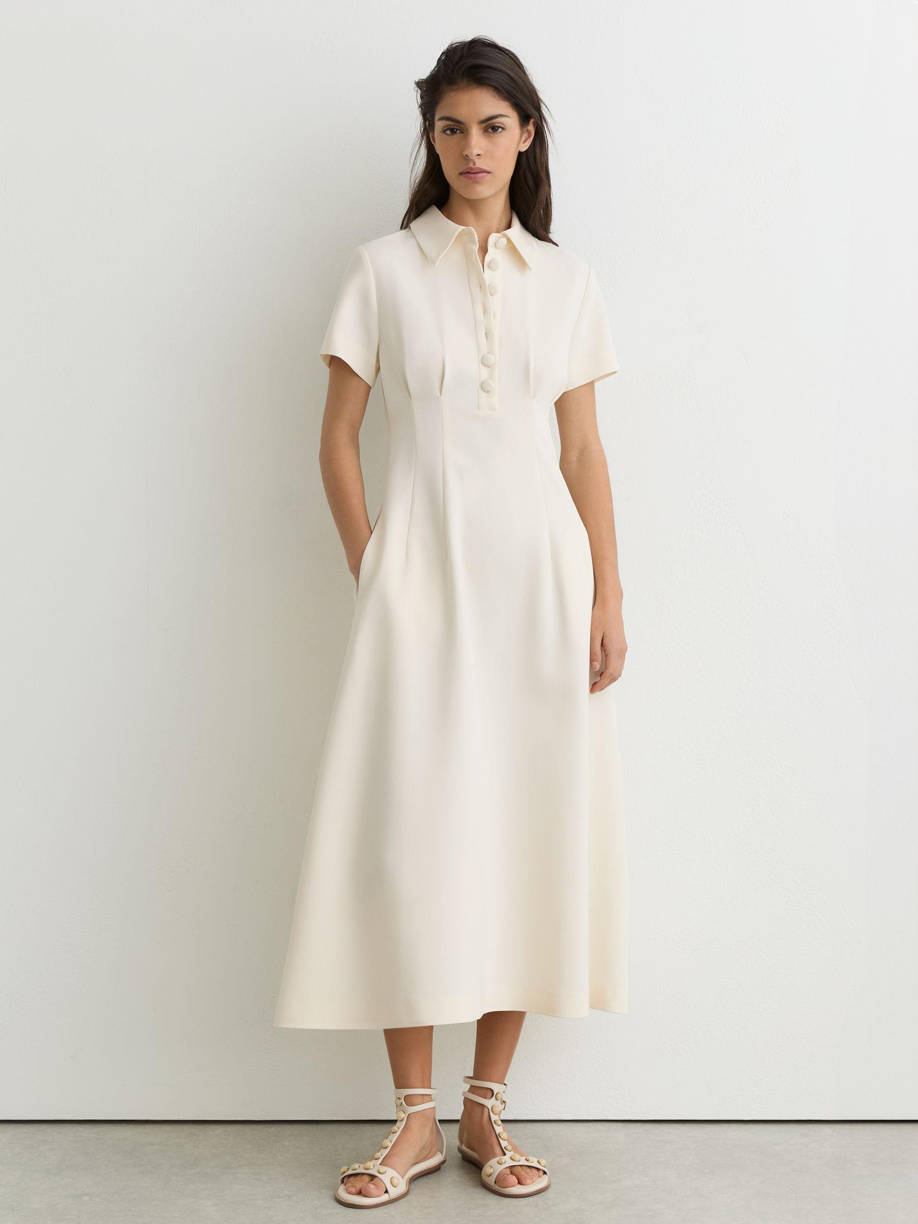 Petite Button-Neck Short-Sleeve Midi Dress in Cream - Image 3 of 8