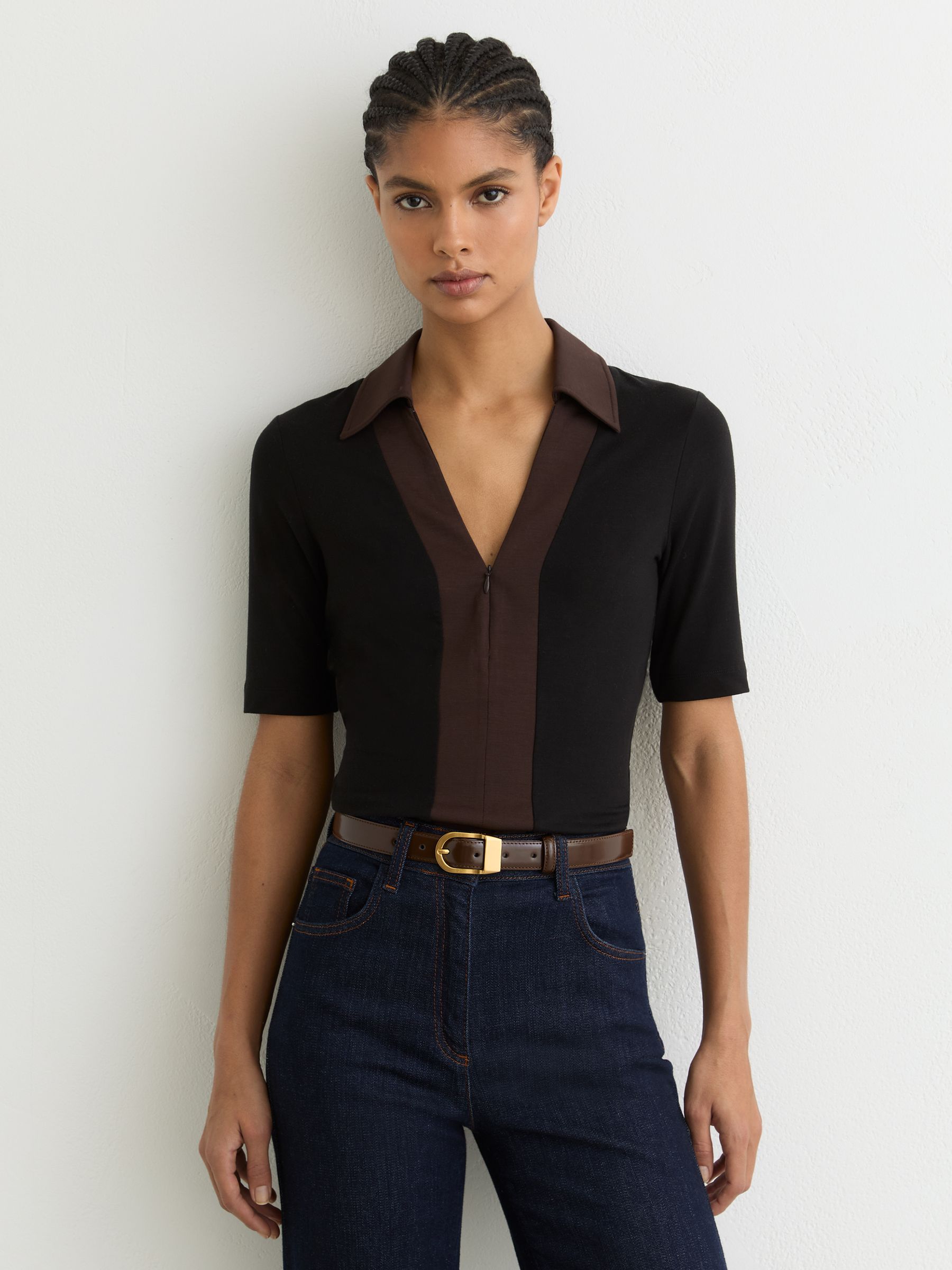 Jersey Colour-Block Half-Zip Polo Top in Black/Chocolate Brown - Image 1 of 6 Jersey Colour-Block Half-Zip Polo Top in Black/Chocolate Brown - Image 1 of 6