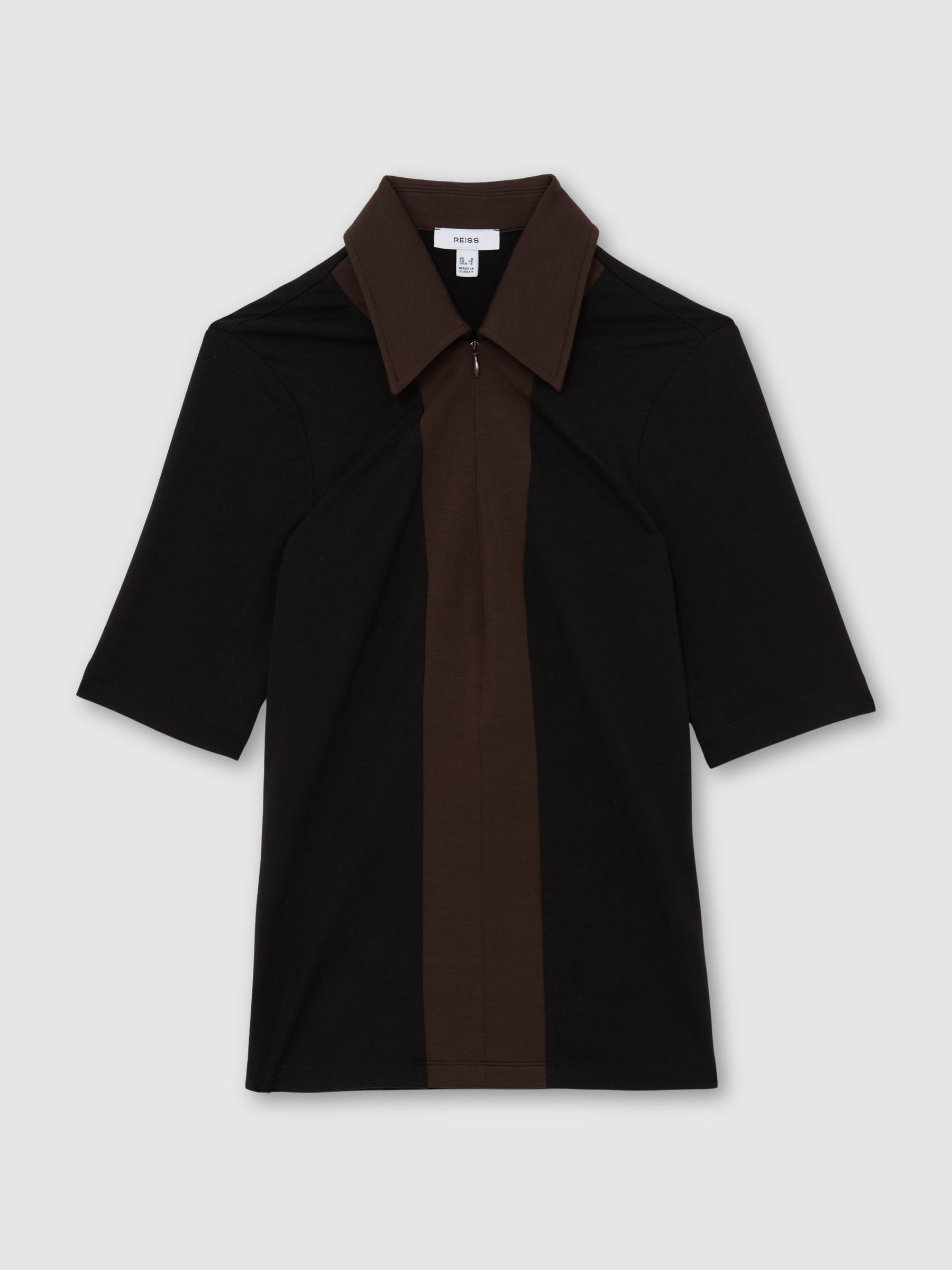 Jersey Colour-Block Half-Zip Polo Top in Black/Chocolate Brown - Image 2 of 6