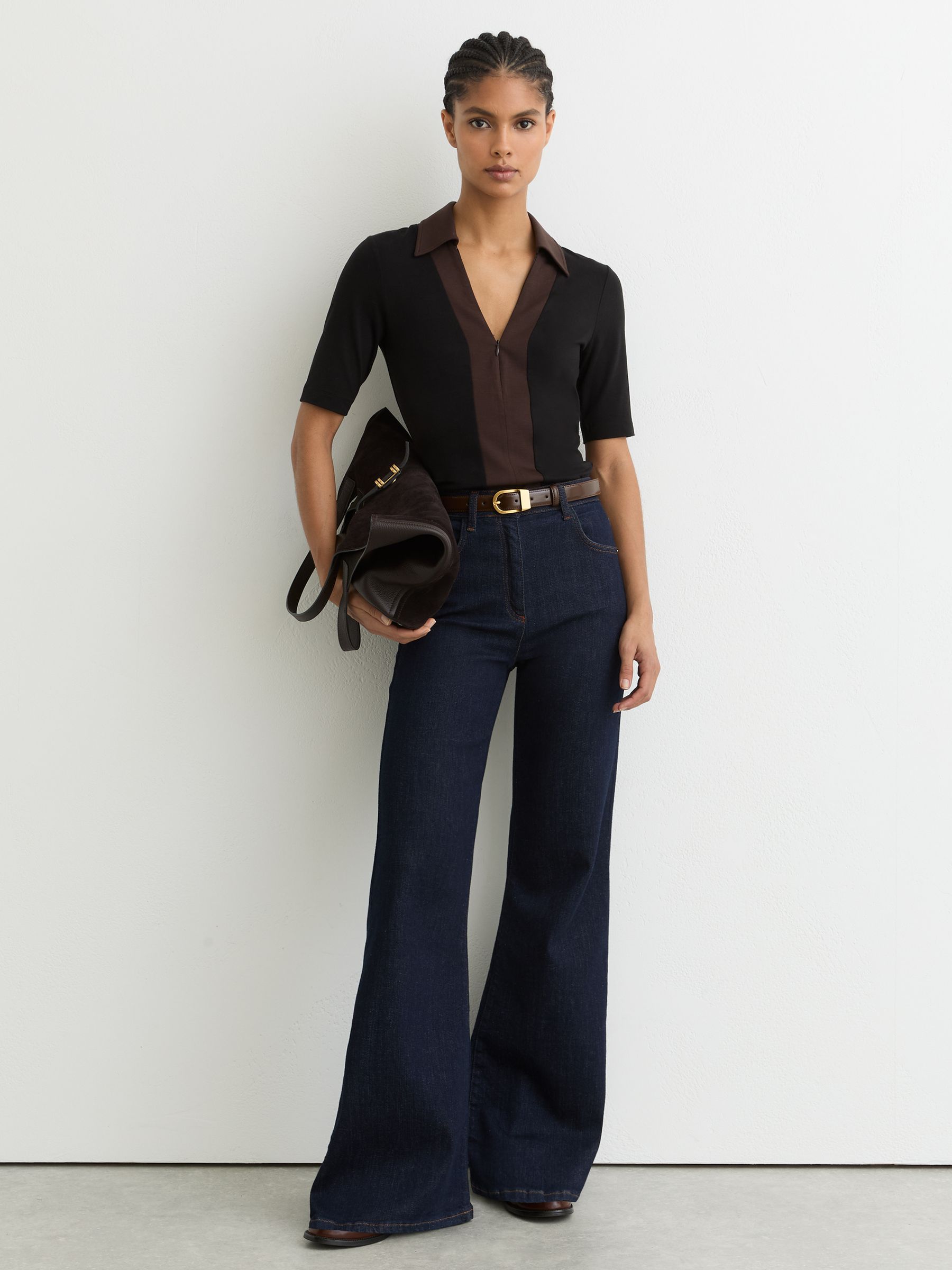 Jersey Colour-Block Half-Zip Polo Top in Black/Chocolate Brown - Image 3 of 6