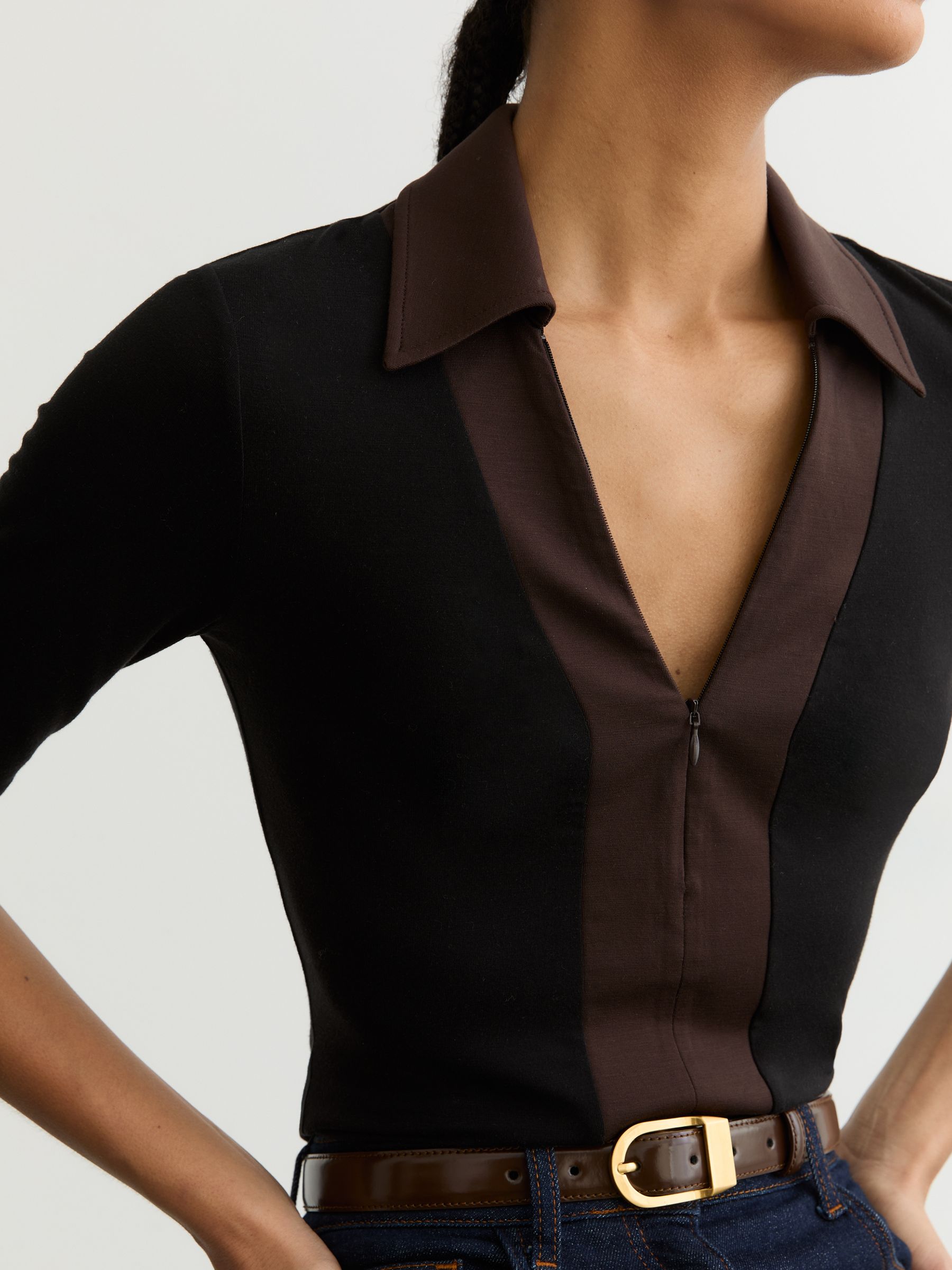 Jersey Colour-Block Half-Zip Polo Top in Black/Chocolate Brown - Image 4 of 6