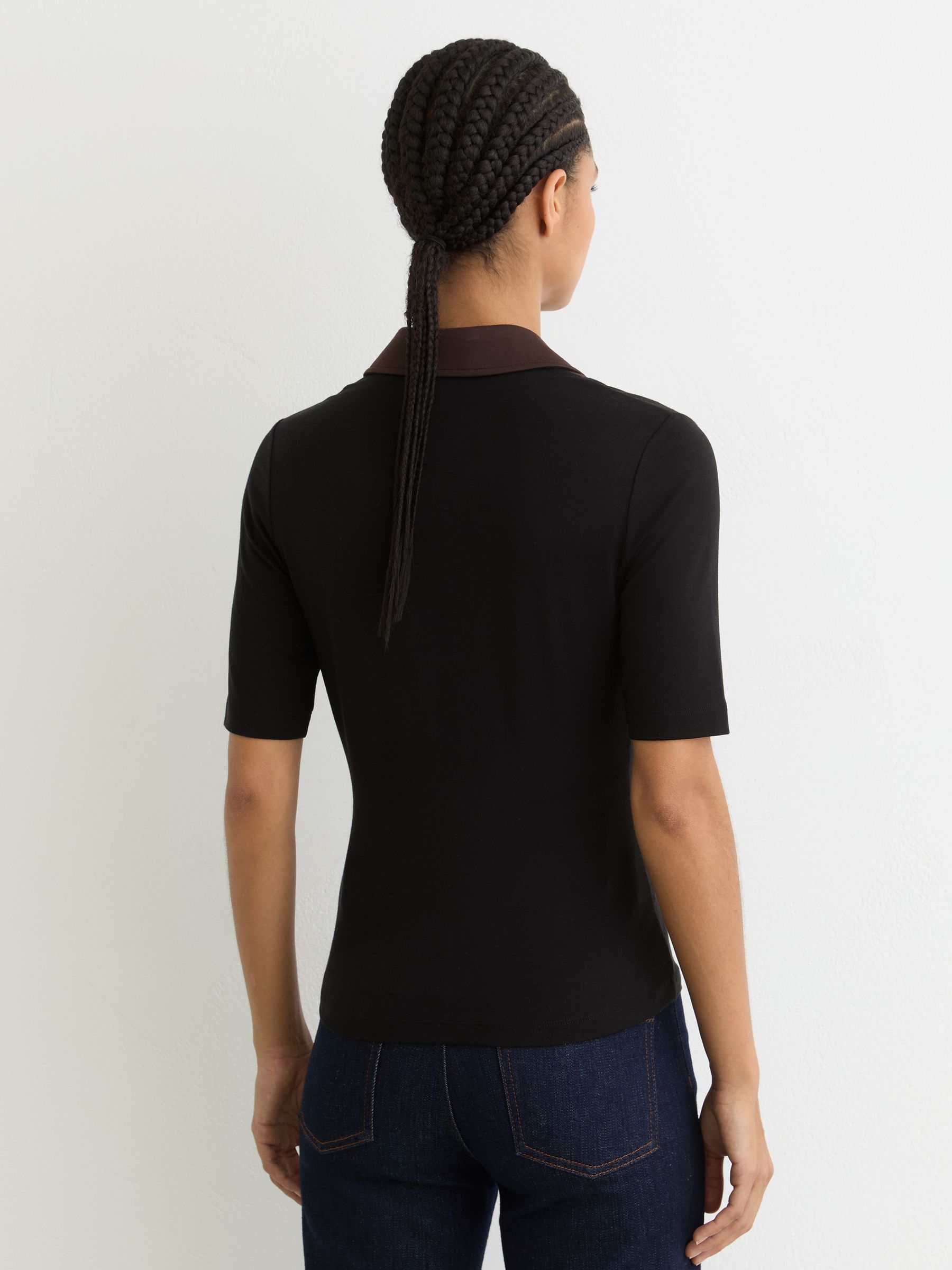 Jersey Colour-Block Half-Zip Polo Top in Black/Chocolate Brown - Image 5 of 6