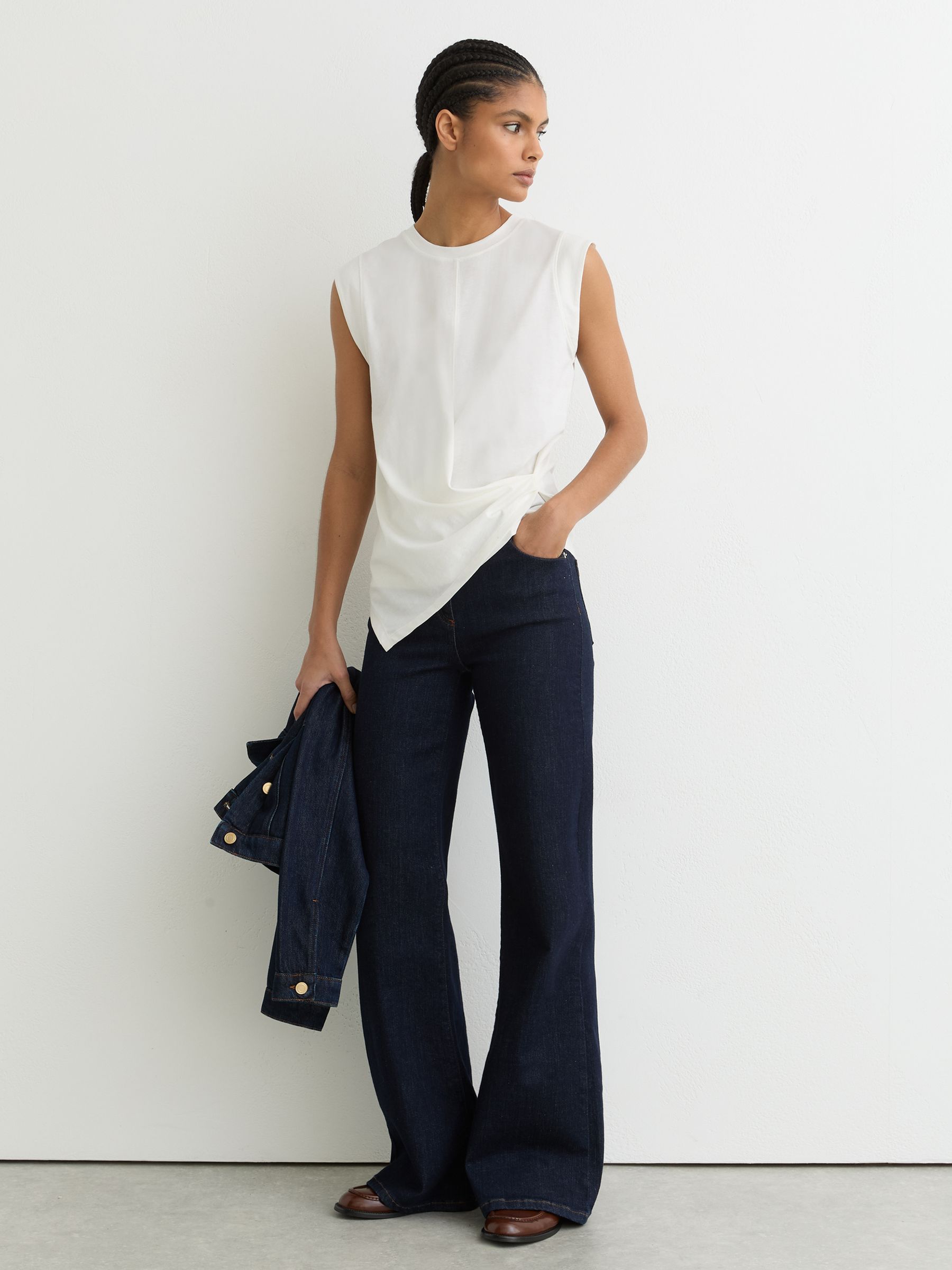 Cotton Drape Cap-Sleeve T-Shirt in White - Image 1 of 6
