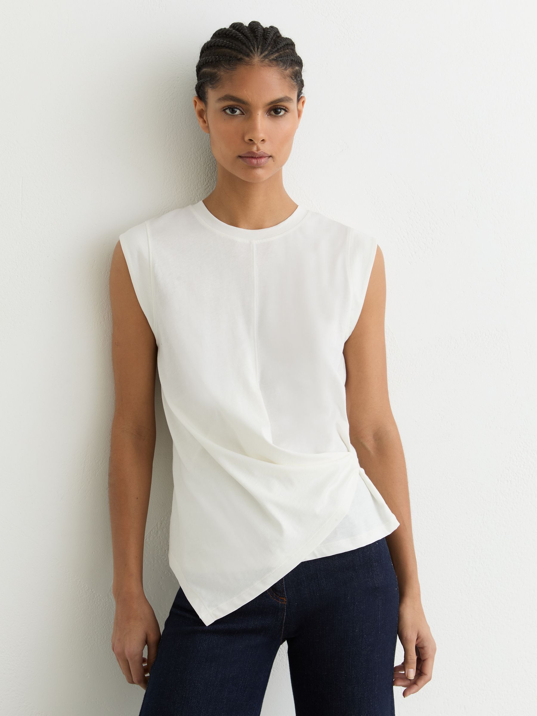 Cotton Drape Cap-Sleeve T-Shirt in White - Image 3 of 6