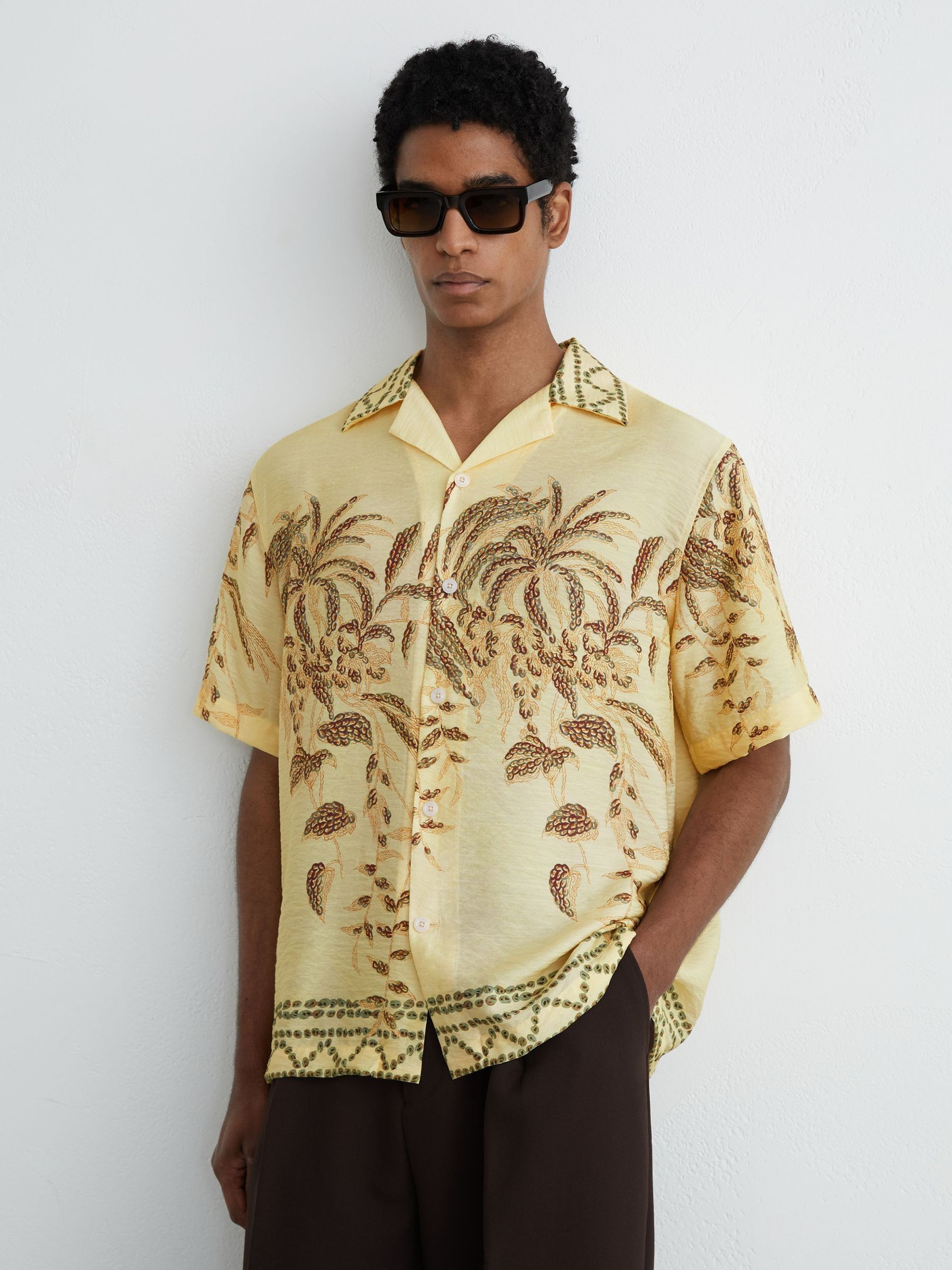 Palm-Print Cuban-Collar Shirt in Yellow - Image 1 of 6