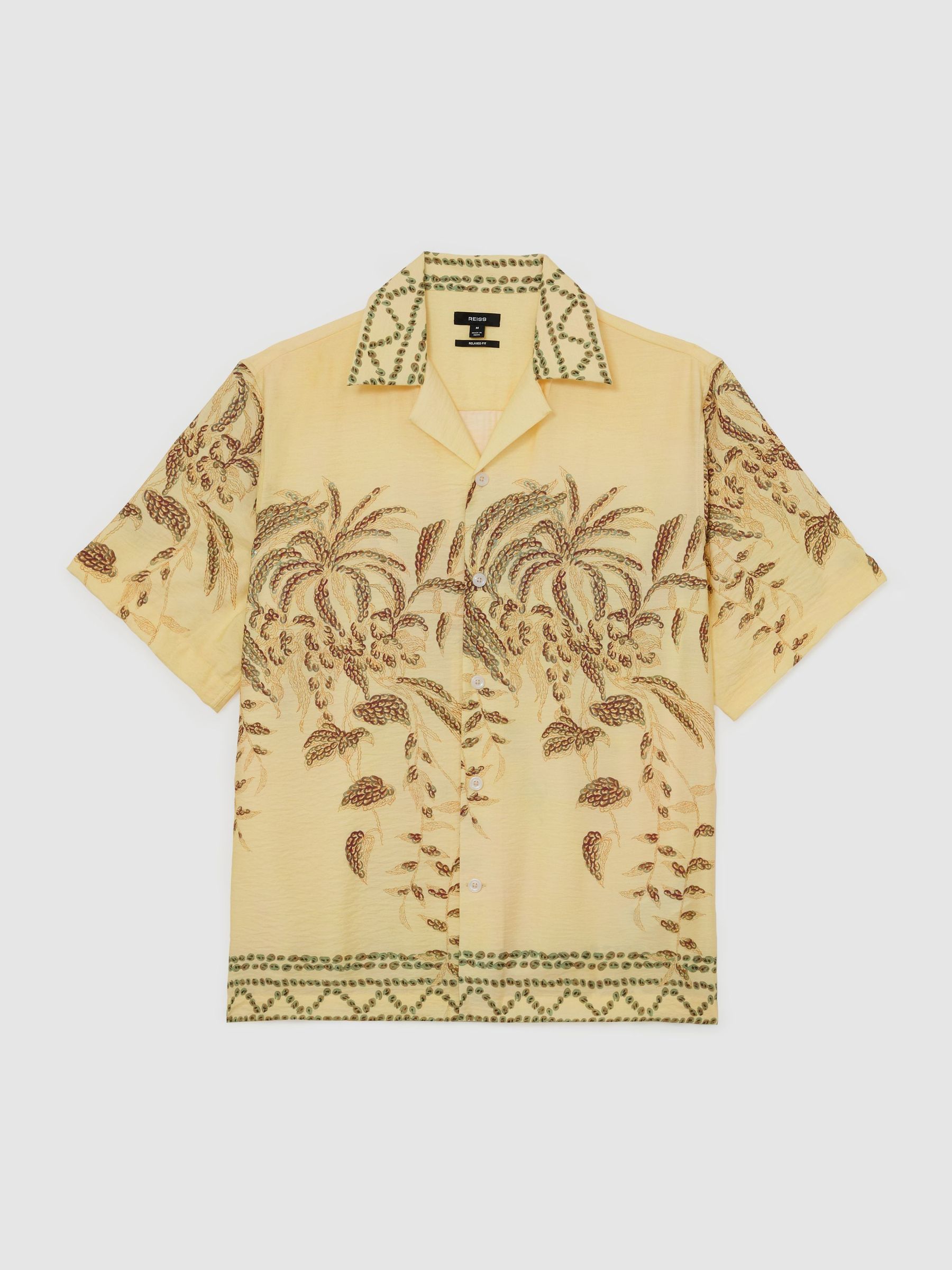 Palm-Print Cuban-Collar Shirt in Yellow - Image 2 of 6