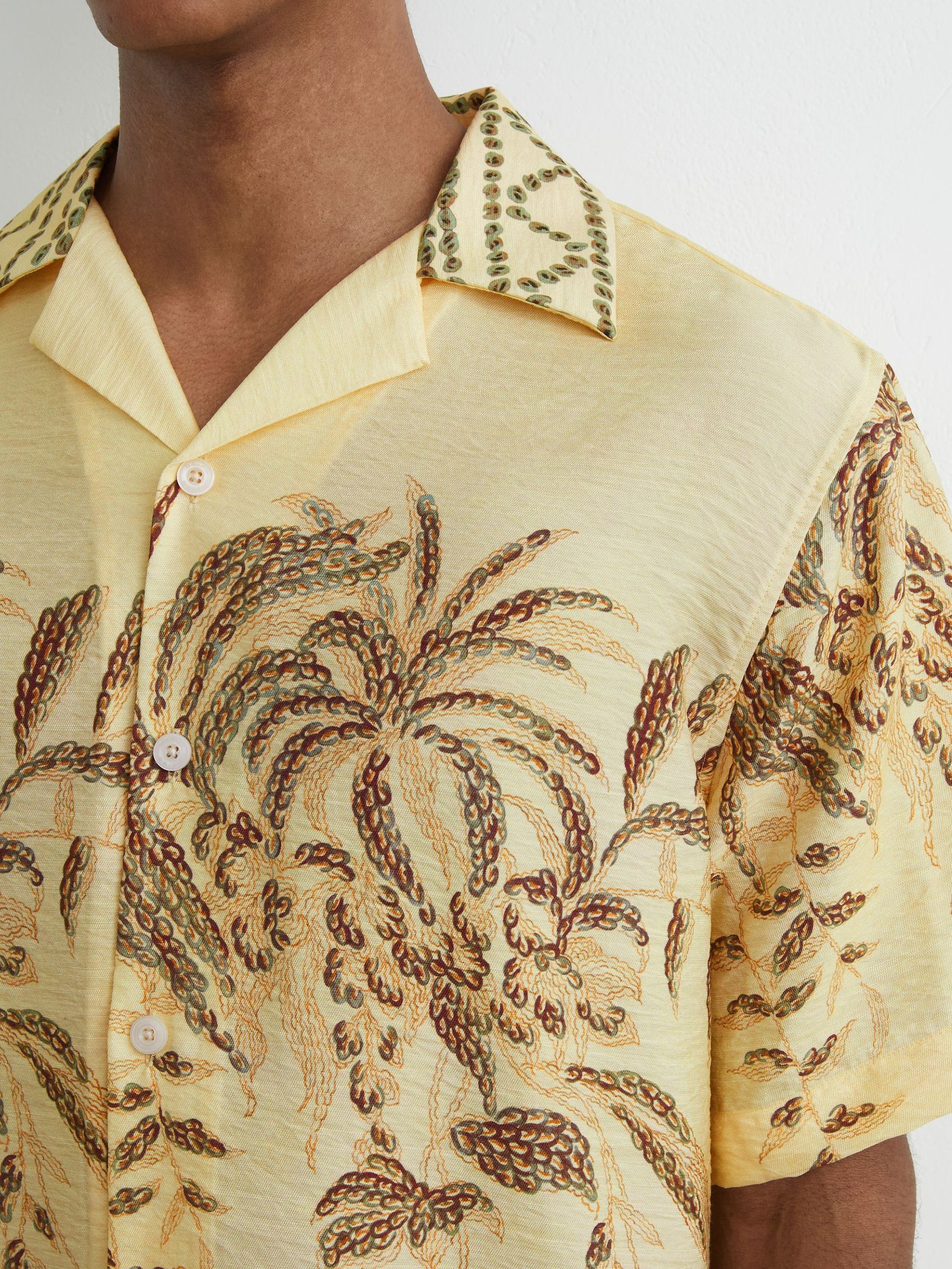 Palm-Print Cuban-Collar Shirt in Yellow - Image 3 of 6