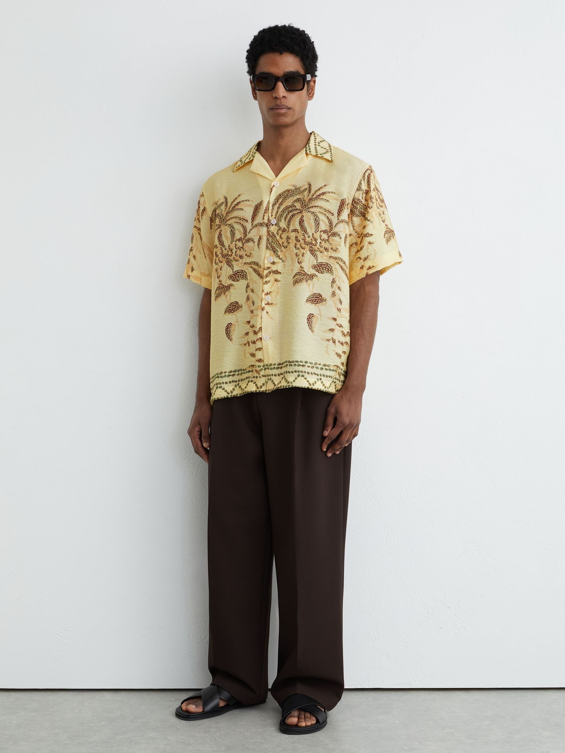 Palm-Print Cuban-Collar Shirt in Yellow - Image 4 of 6
