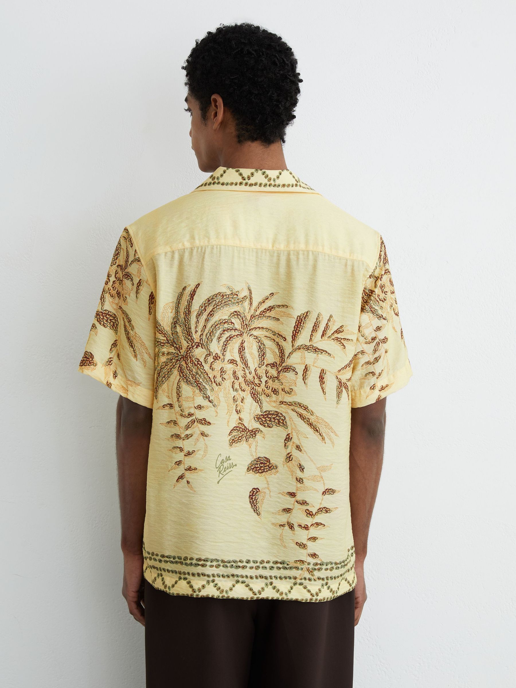 Palm-Print Cuban-Collar Shirt in Yellow - Image 5 of 6