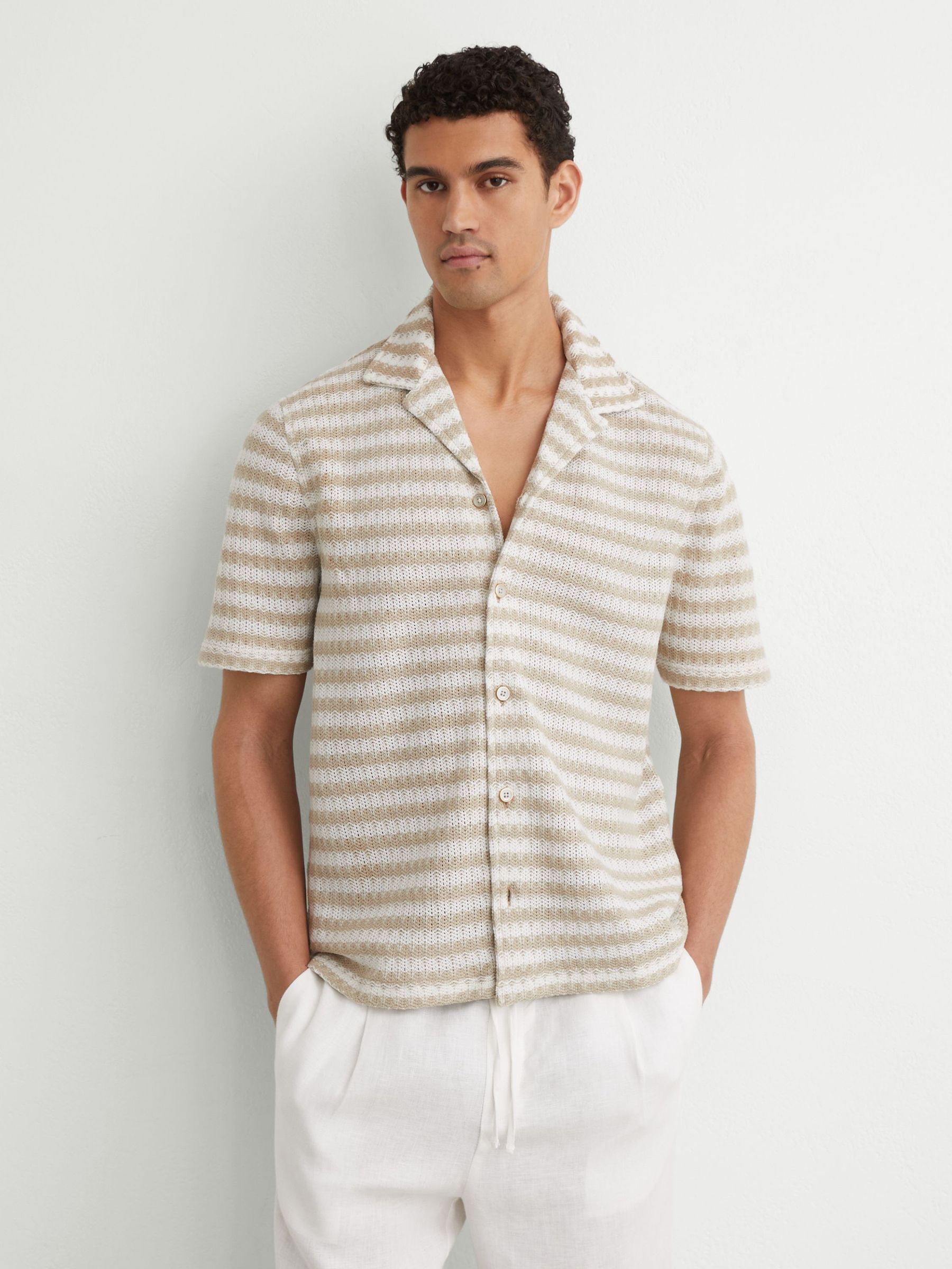 Striped Crochet Cuban-Collar Shirt in White/Oatmeal - Image 1 of 6