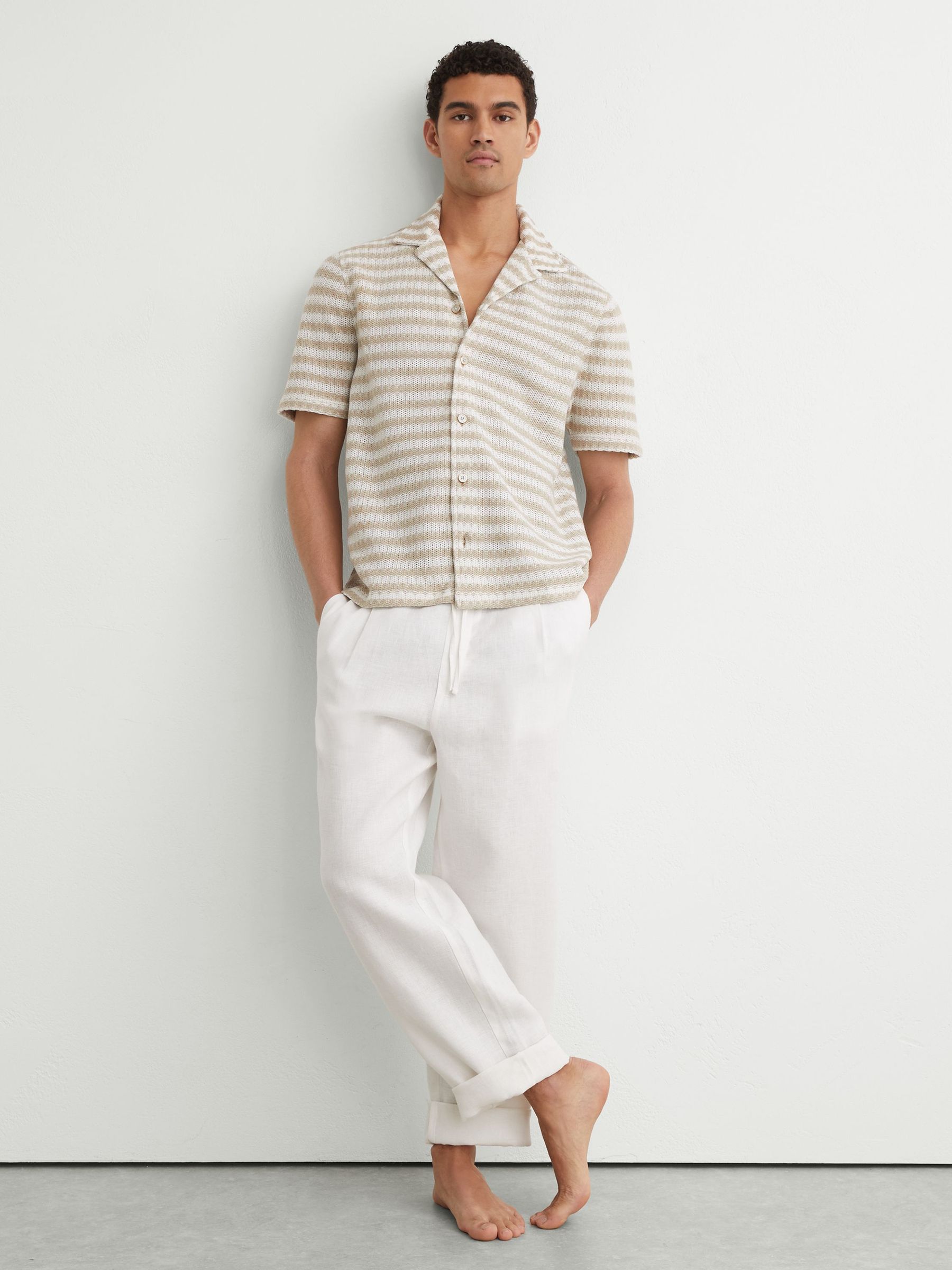 Striped Crochet Cuban-Collar Shirt in White/Oatmeal - Image 3 of 6