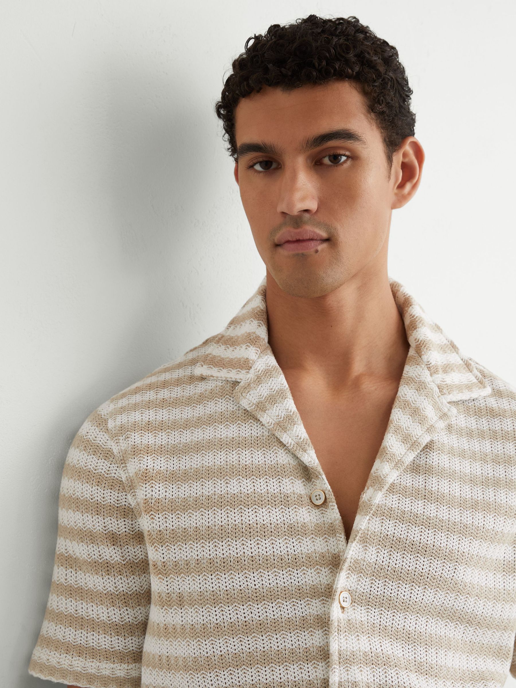Striped Crochet Cuban-Collar Shirt in White/Oatmeal - image 5