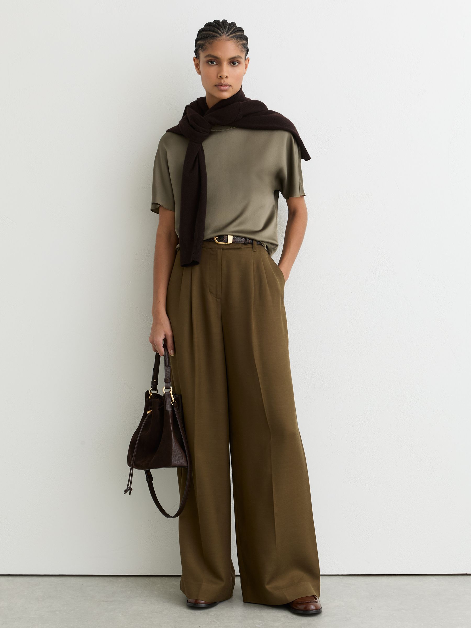 Silk Short-Sleeve Top in Khaki Green - Image 3 of 6