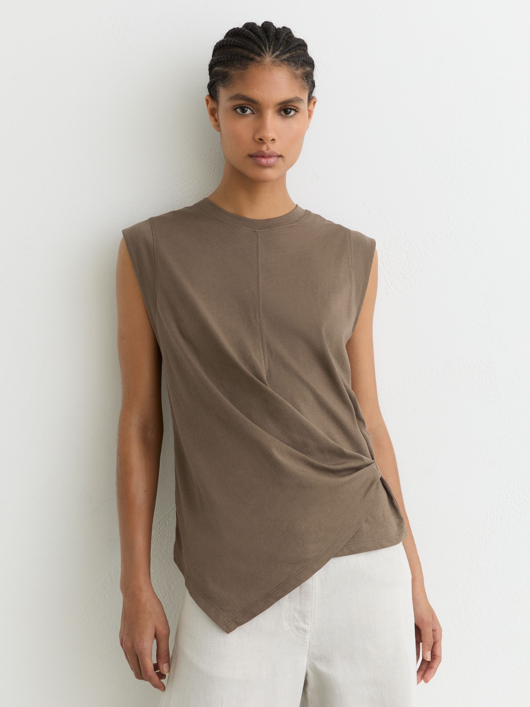 Cotton Drape Cap-Sleeve T-Shirt in Khaki Green - Image 1 of 6
