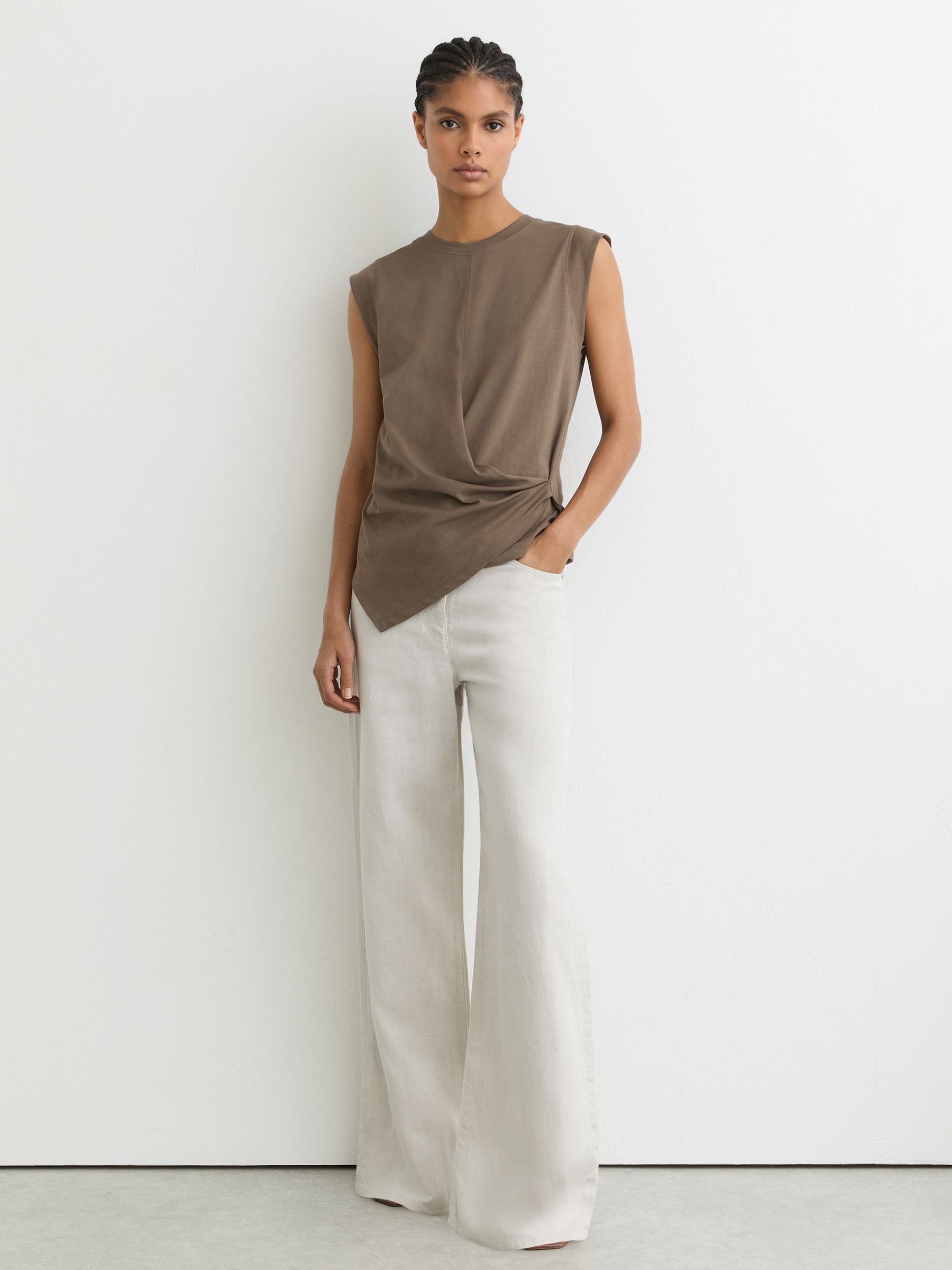 Cotton Drape Cap-Sleeve T-Shirt in Khaki Green - Image 3 of 6