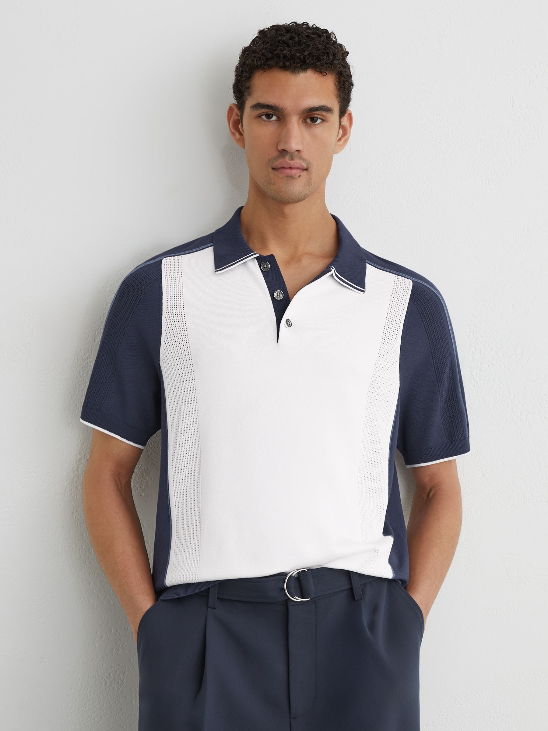 Colour-Block Knitted Polo Shirt in White/Airforce Blue - Image 1 of 6