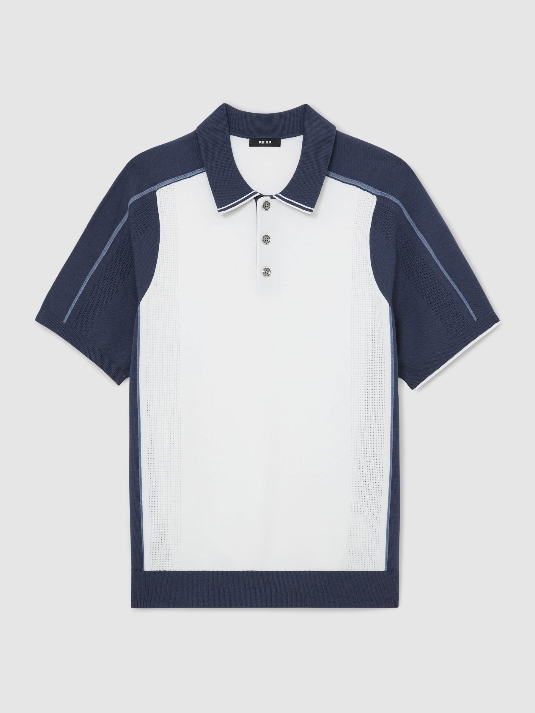 Colour-Block Knitted Polo Shirt in White/Airforce Blue - Image 2 of 6