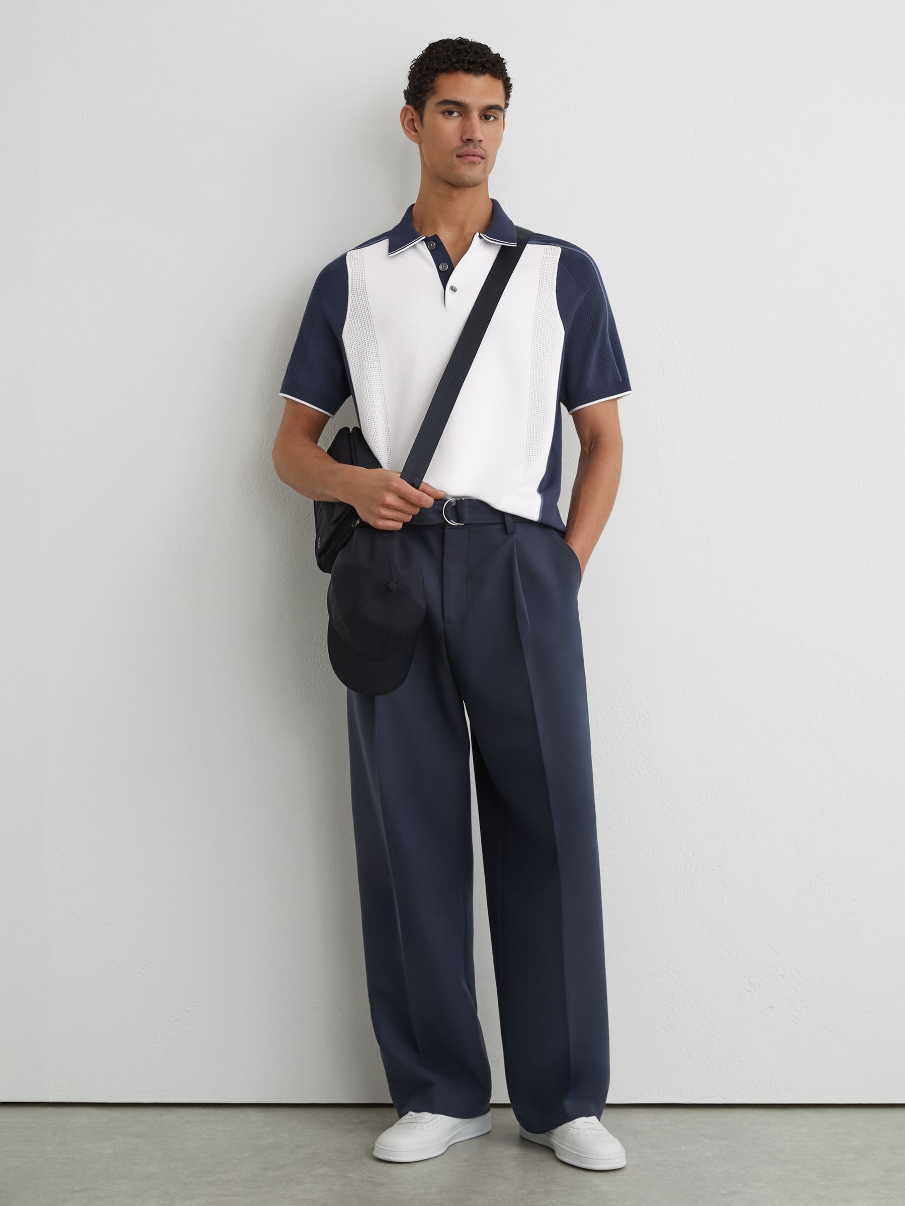 Colour-Block Knitted Polo Shirt in White/Airforce Blue - Image 3 of 6