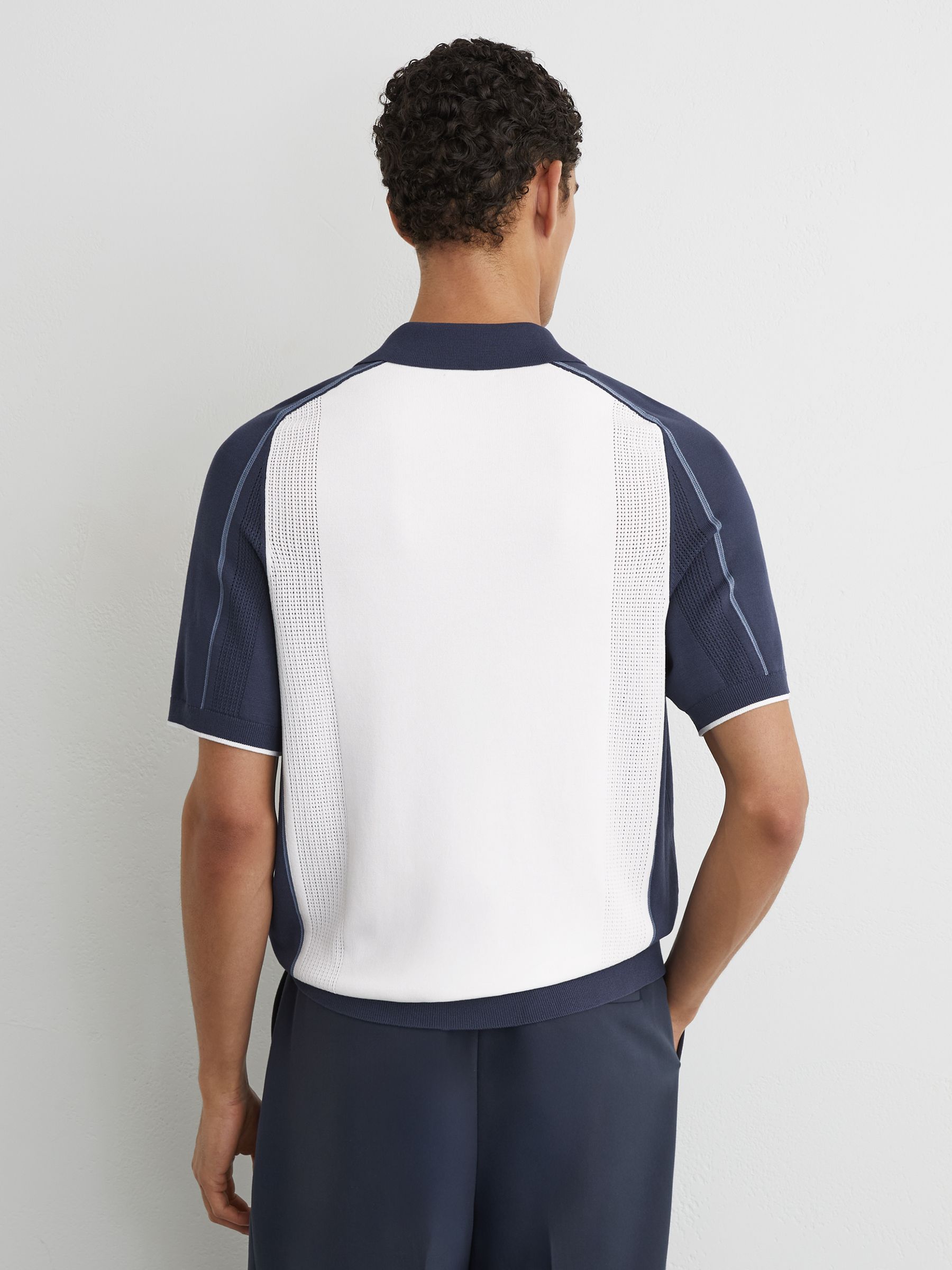 Colour-Block Knitted Polo Shirt in White/Airforce Blue - image 3