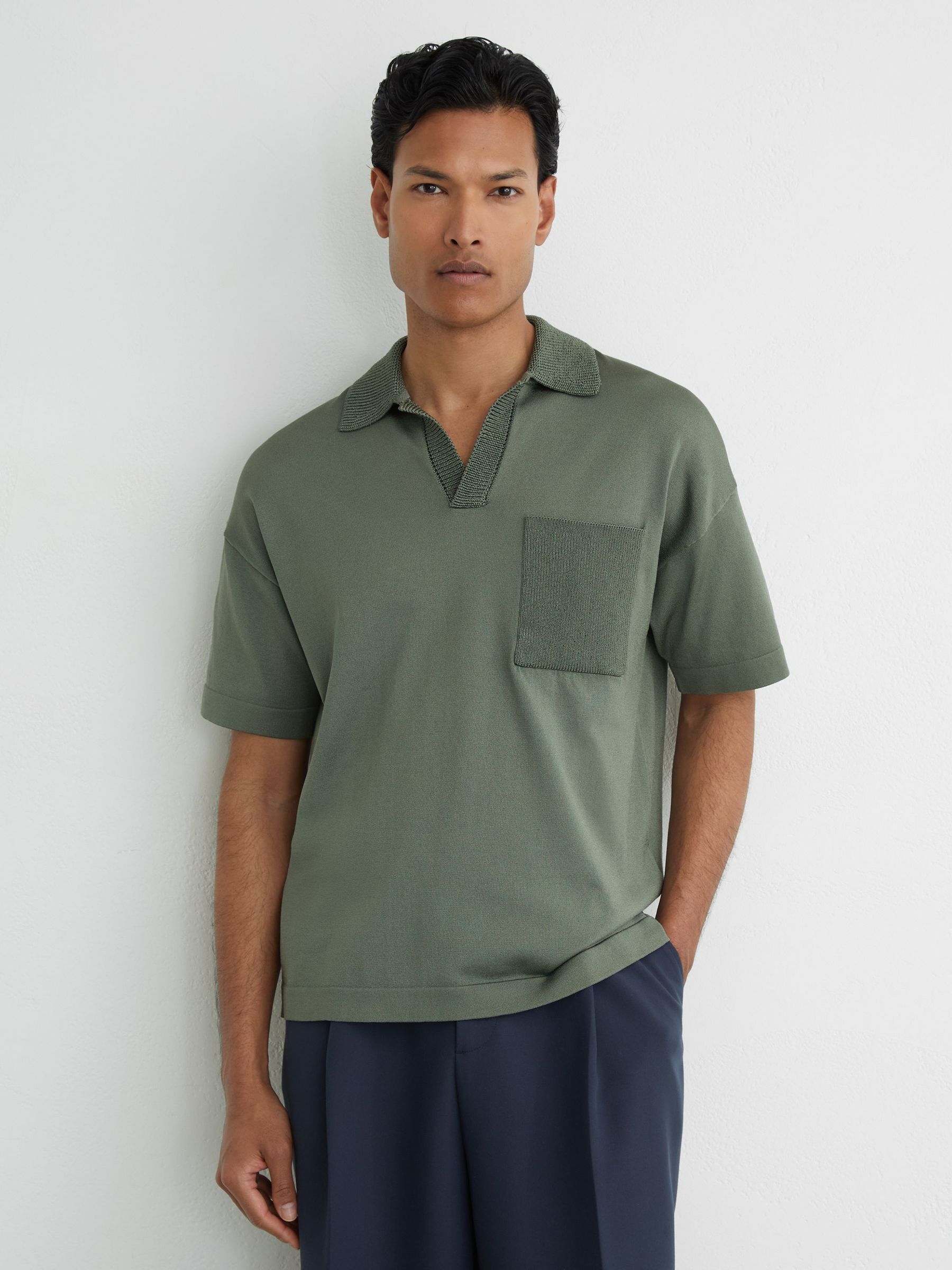 Knitted Open-Collar Polo Jumper in Steel Green - Image 1 of 6