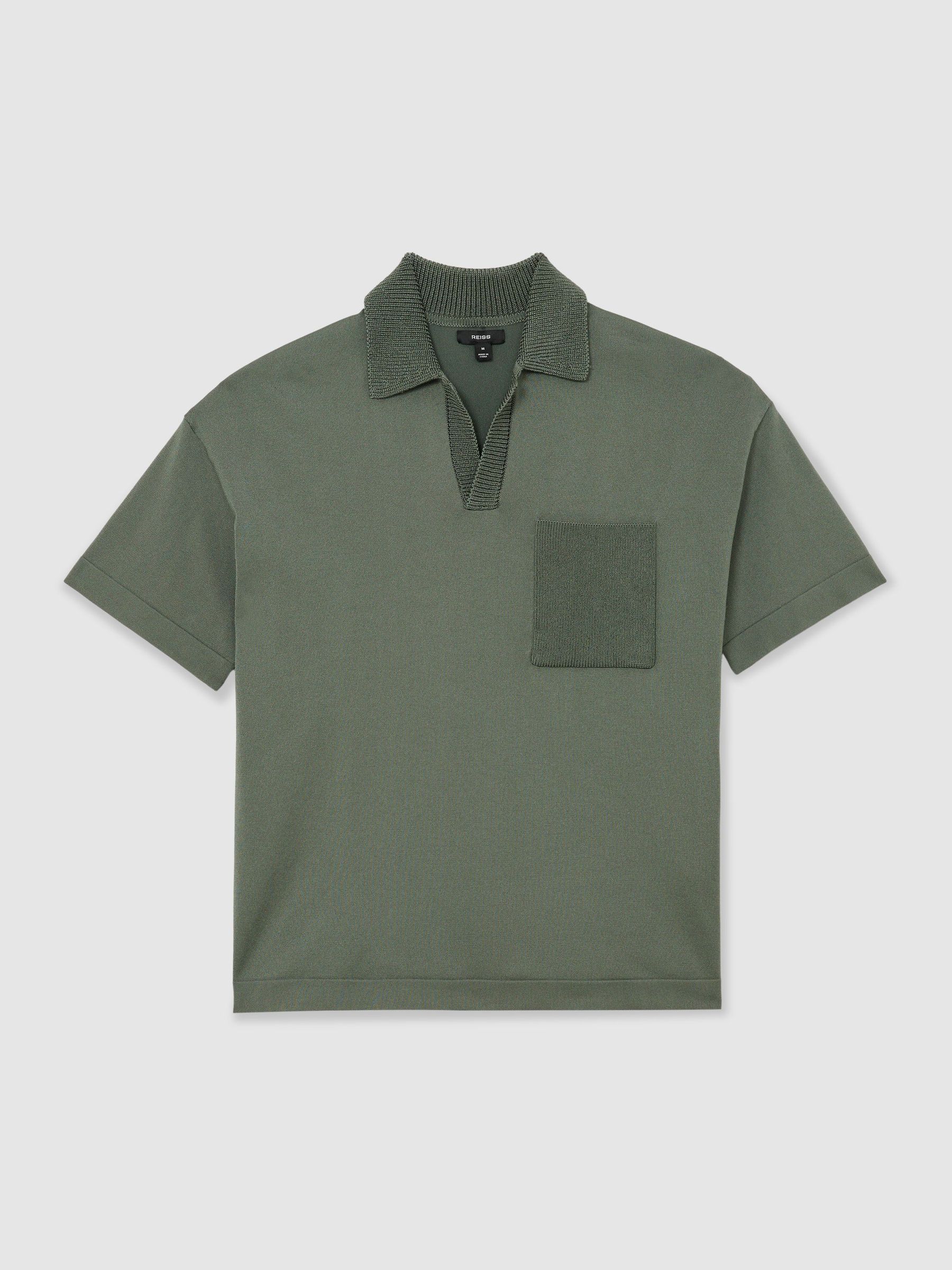 Knitted Open-Collar Polo Jumper in Steel Green