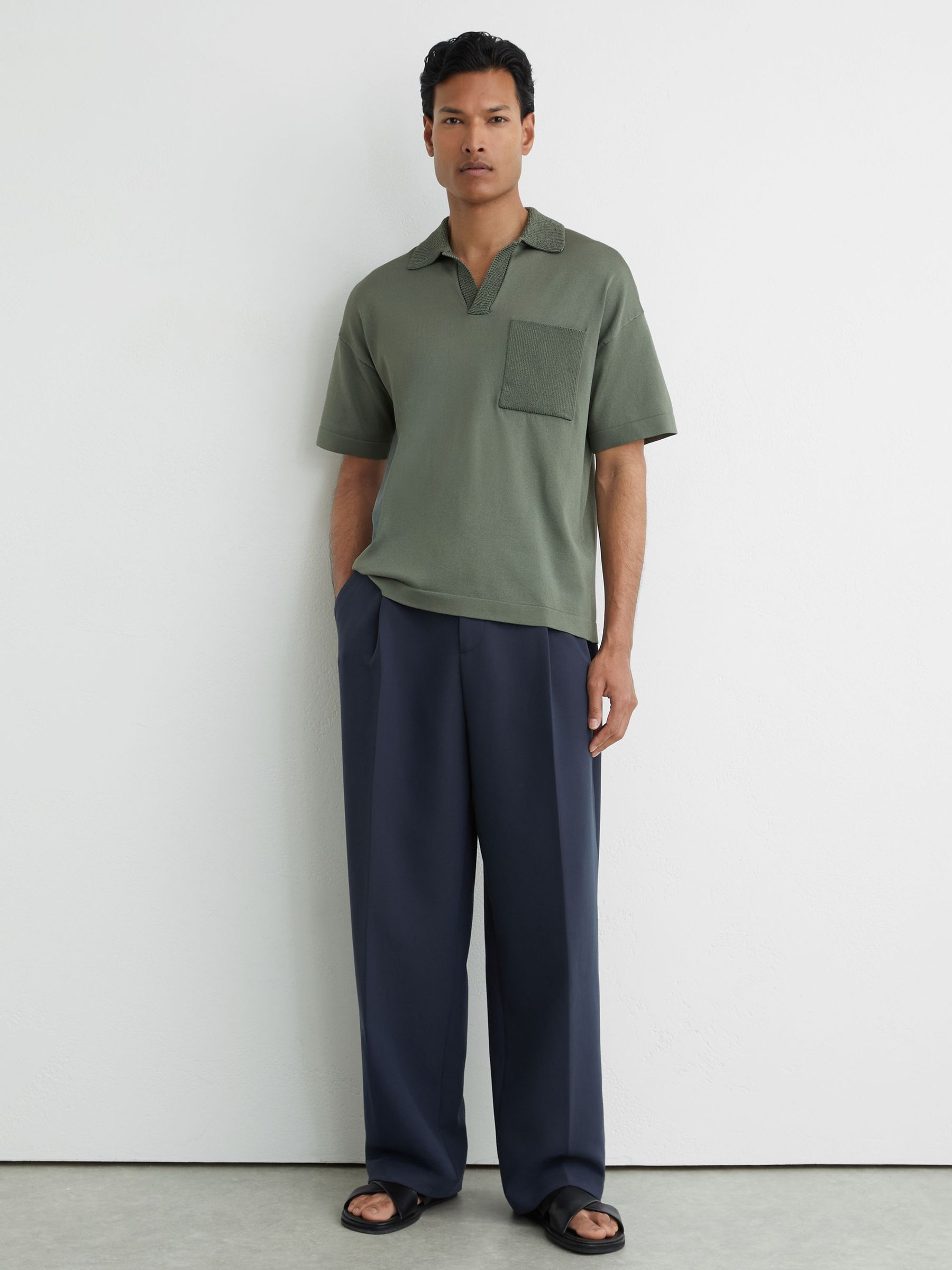 Knitted Open-Collar Polo Jumper in Steel Green - Image 3 of 6