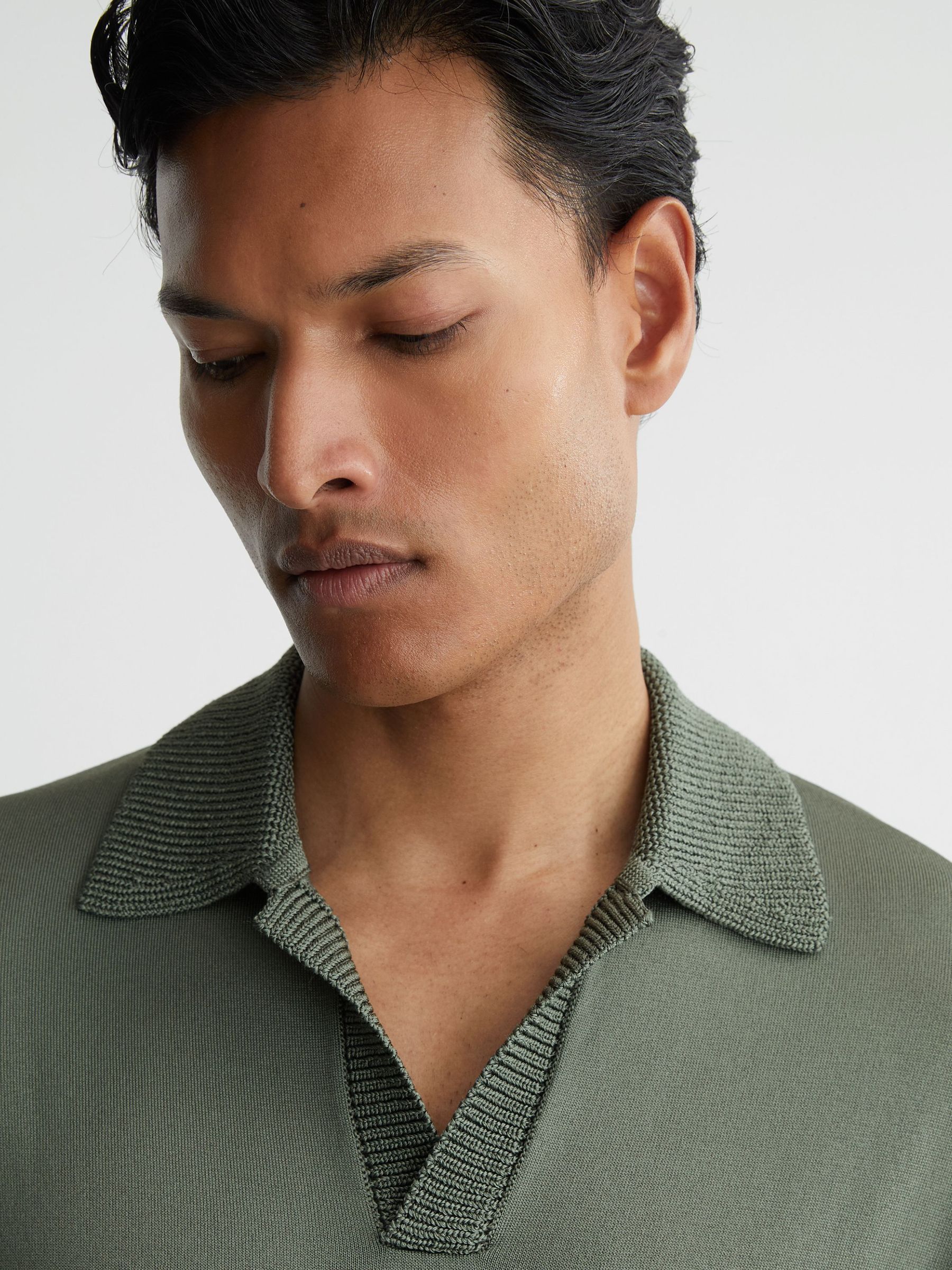 Knitted Open-Collar Polo Jumper in Steel Green - Image 4 of 6