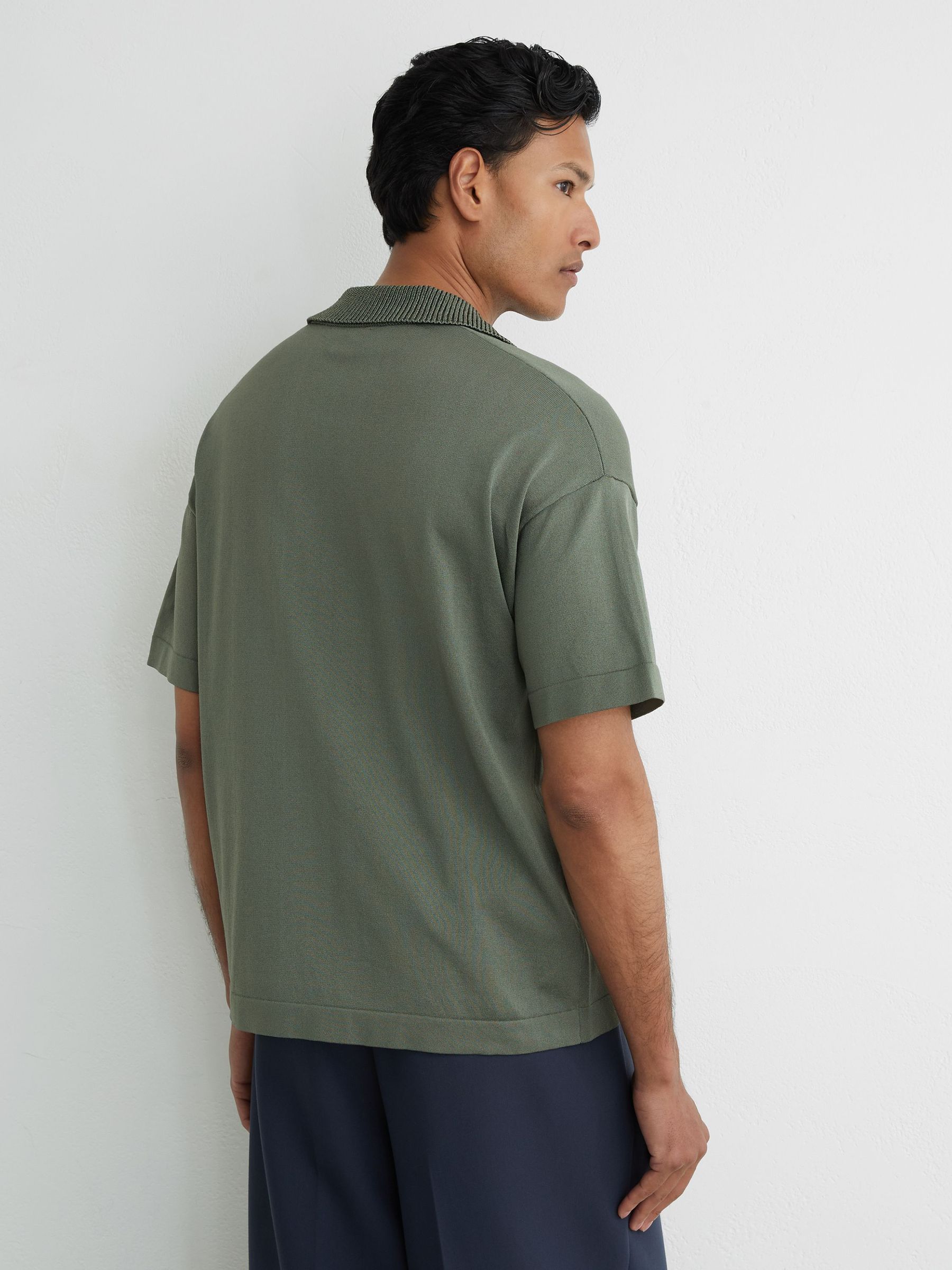 Knitted Open-Collar Polo Jumper in Steel Green - Image 5 of 6
