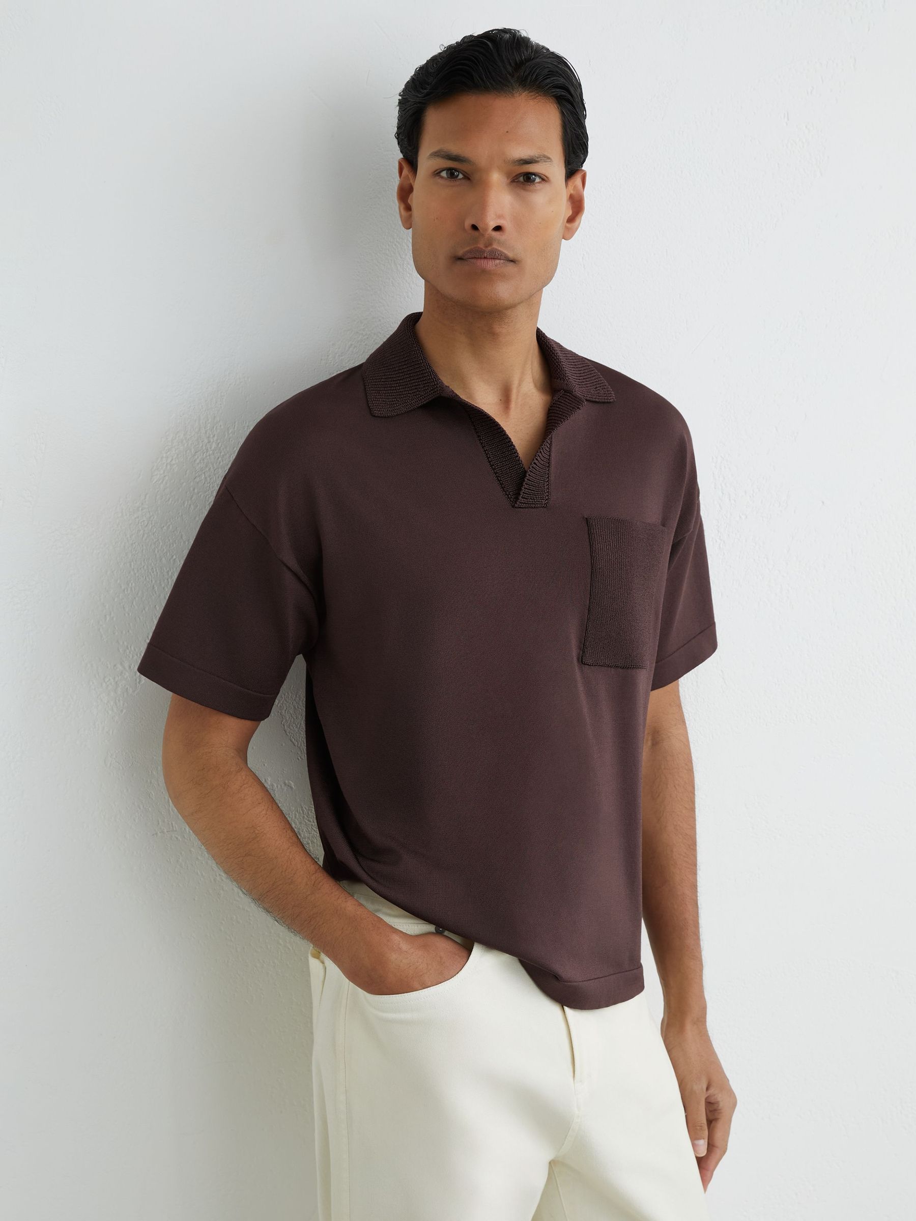 Knitted Open-Collar Polo Jumper in Chocolate Brown - Image 1 of 6