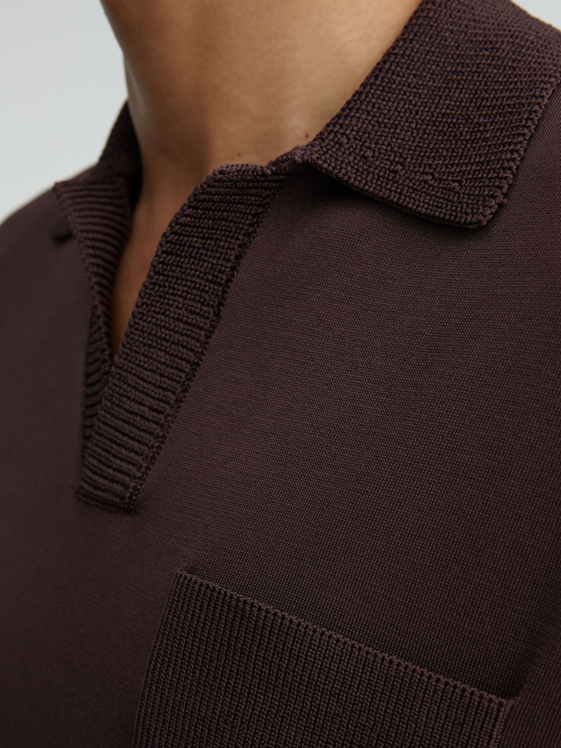 Knitted Open-Collar Polo Jumper in Chocolate Brown - Image 3 of 6