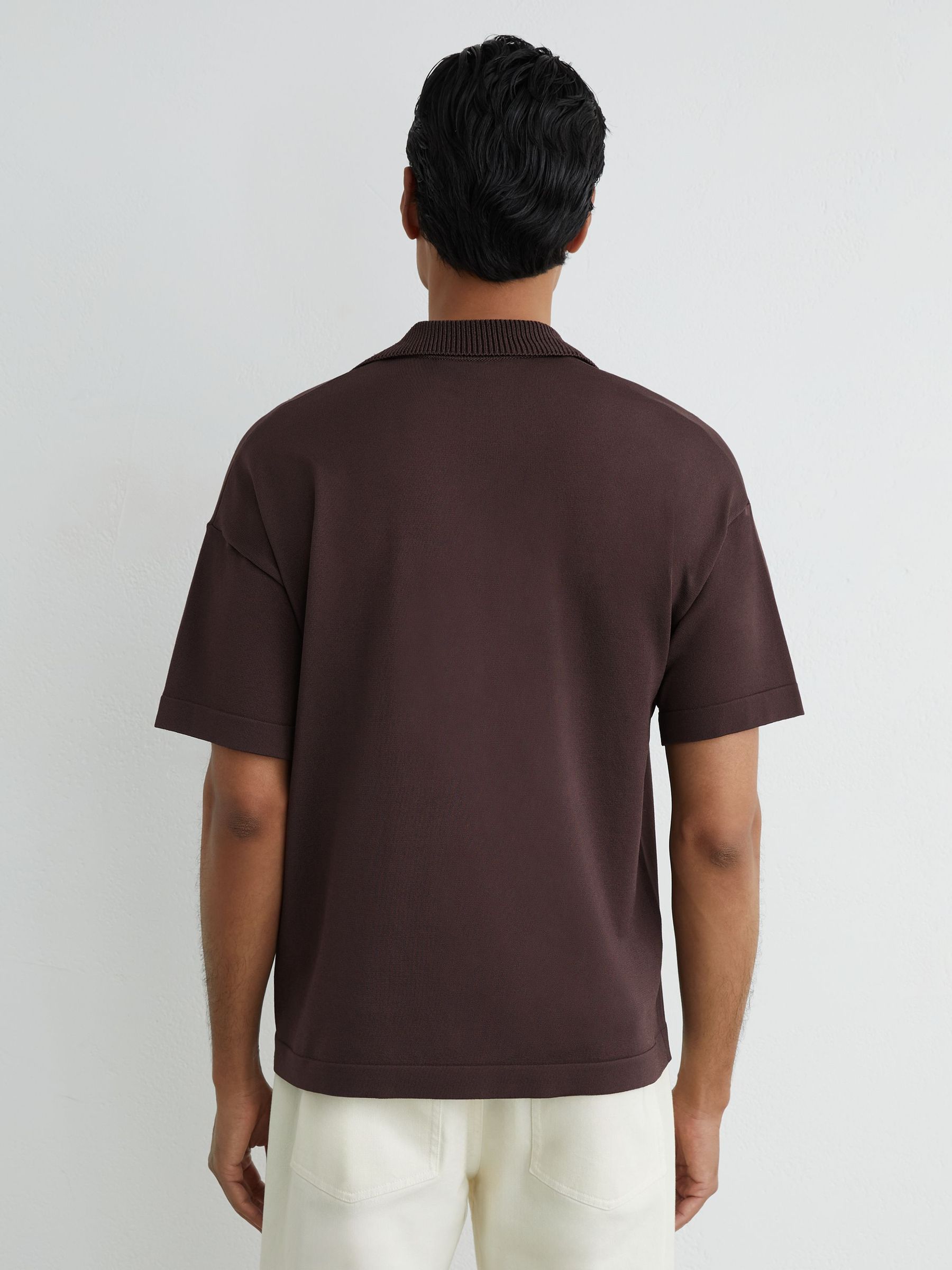 Knitted Open-Collar Polo Jumper in Chocolate Brown - Image 5 of 6