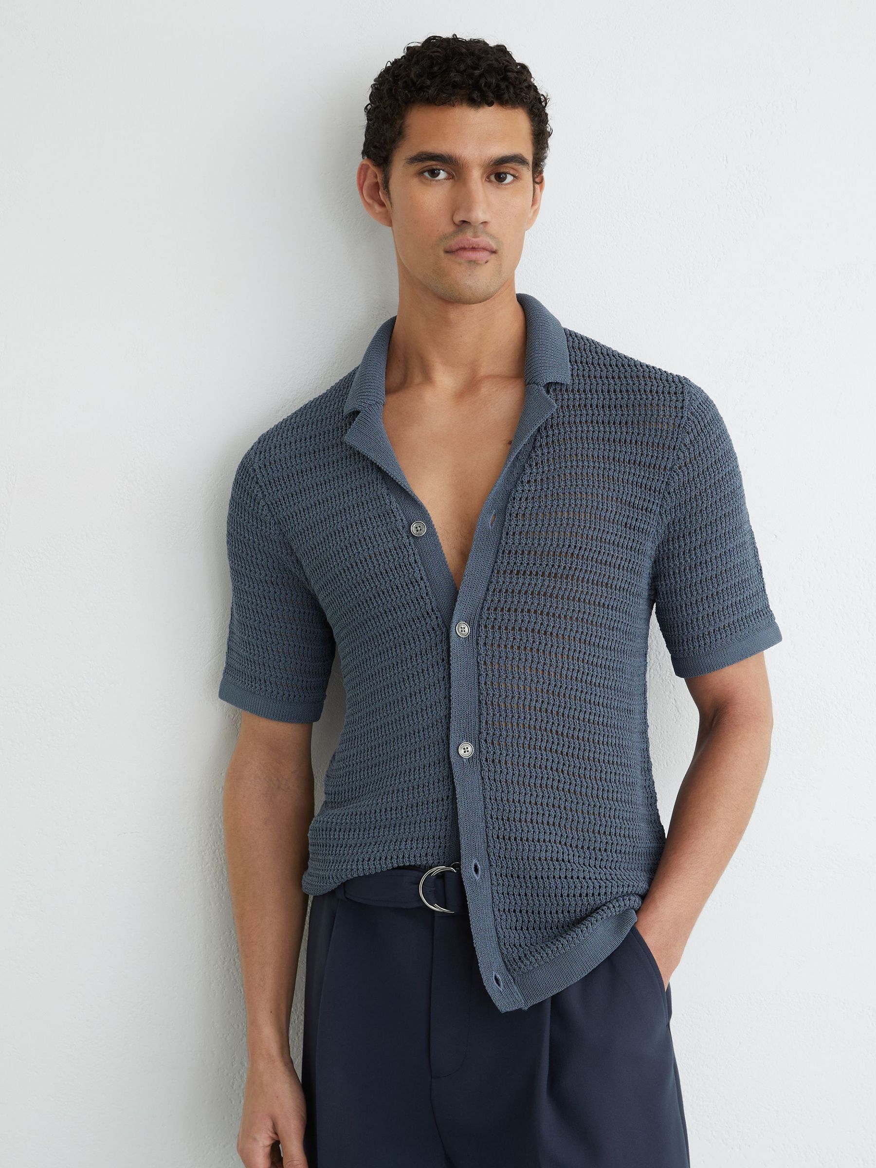 Open-Knit Button-Through Shirt in Airforce Blue - Image 1 of 6
