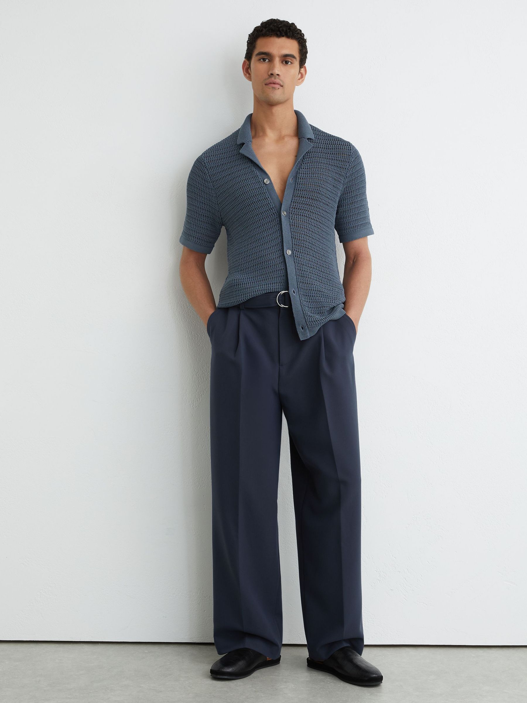Open-Knit Button-Through Shirt in Airforce Blue - Image 3 of 6