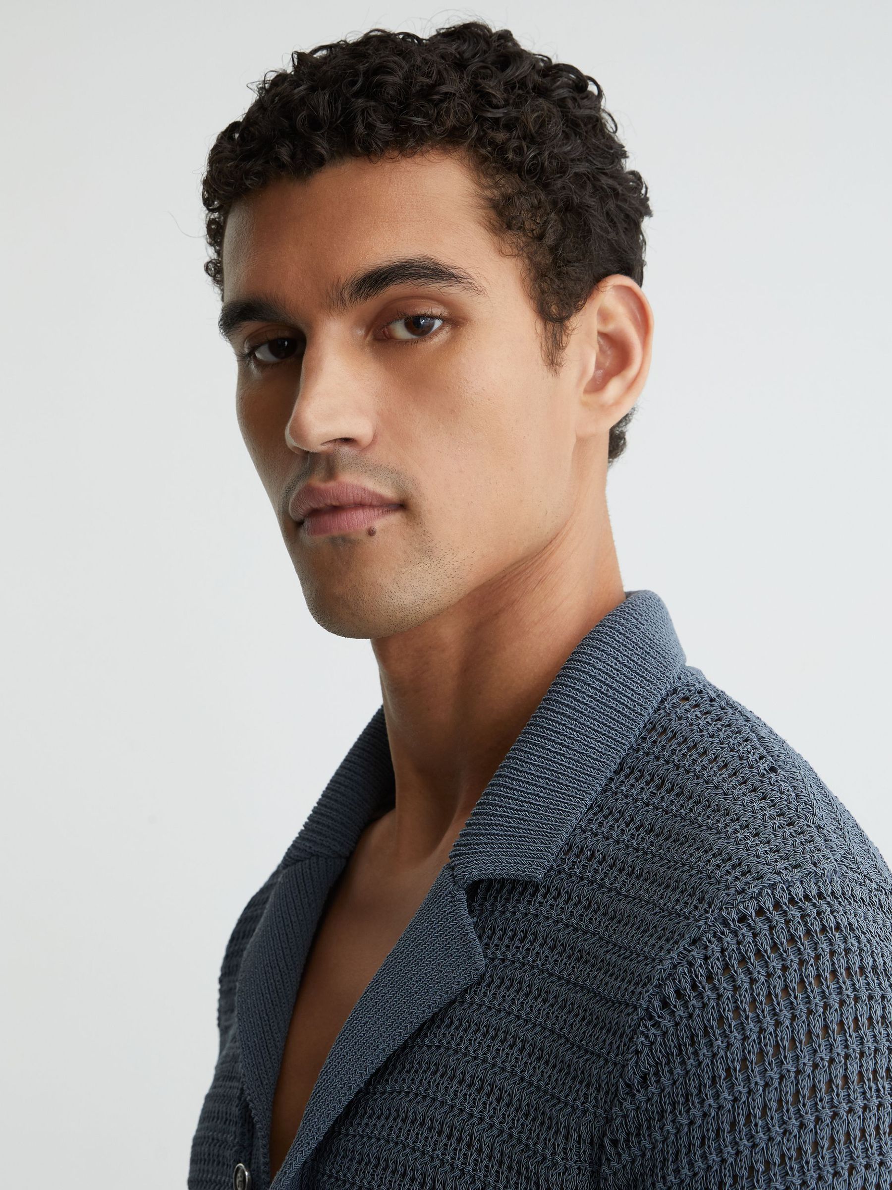 Open-Knit Button-Through Shirt in Airforce Blue - Image 4 of 6