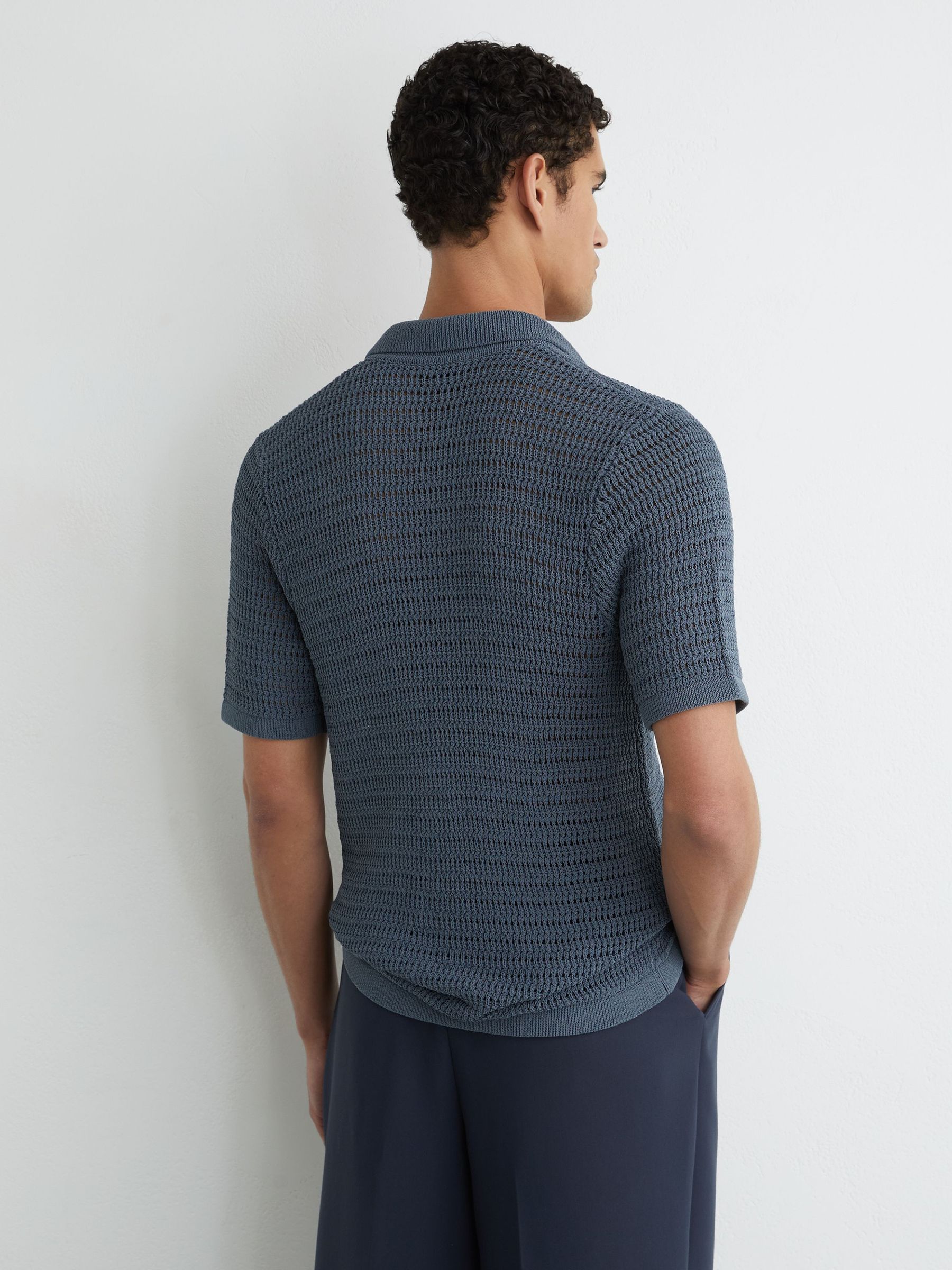 Open-Knit Button-Through Shirt in Airforce Blue - Image 5 of 6