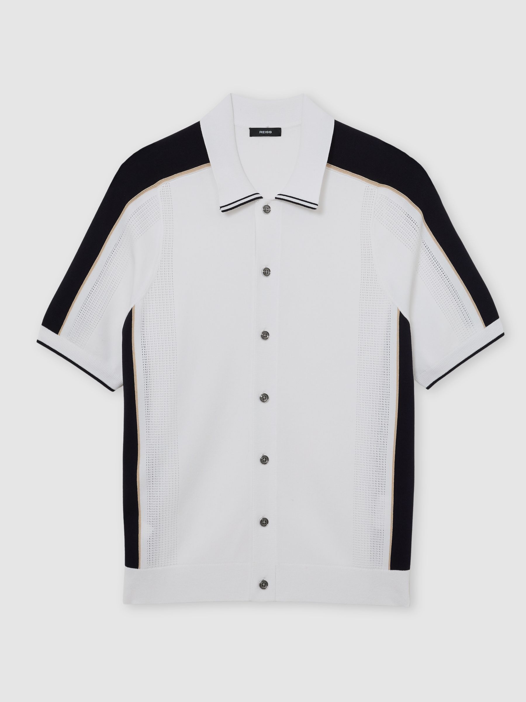 Colour-Block Knit Button-Through Shirt in Navy/White - Image 2 of 6