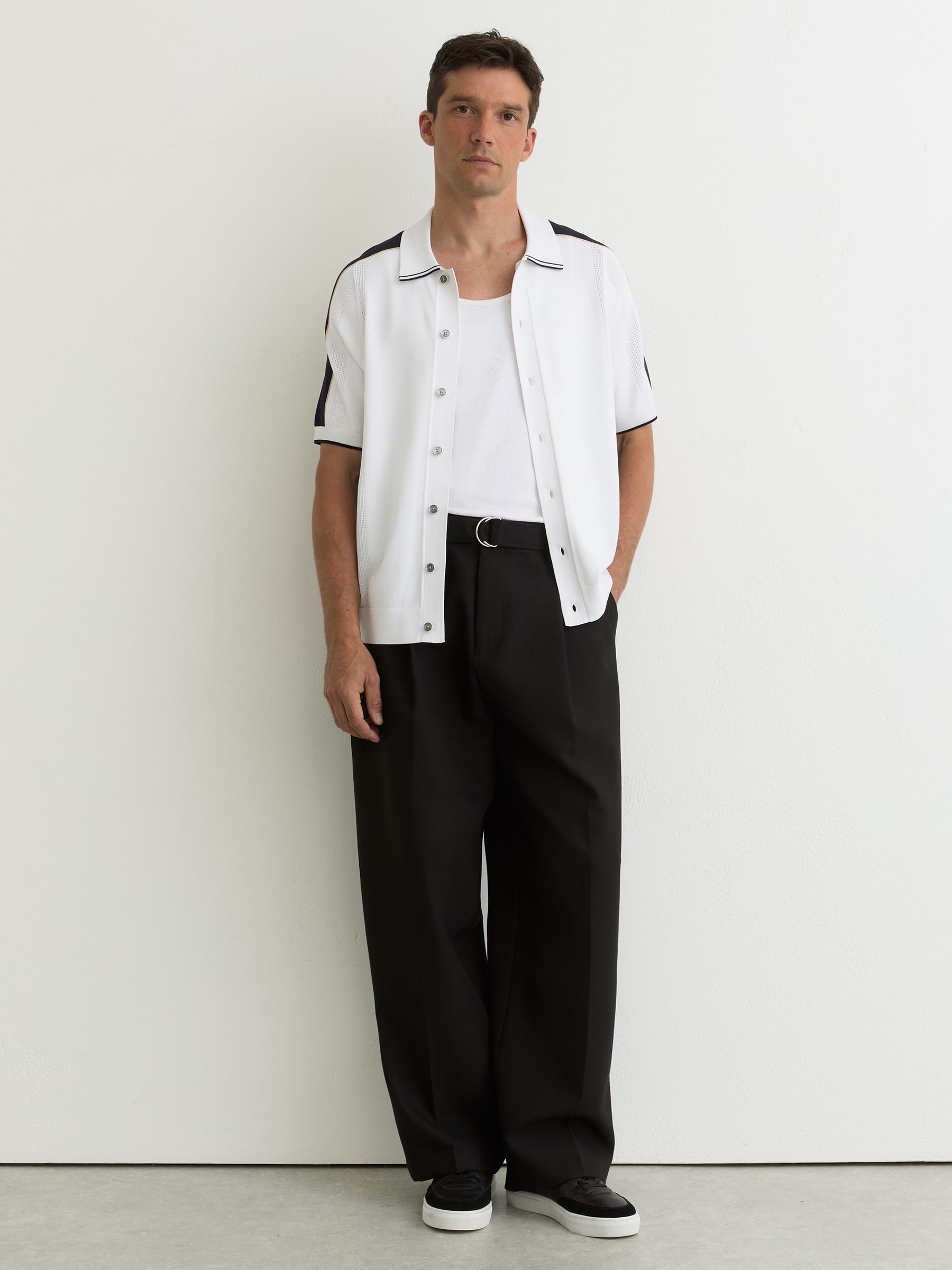 Colour-Block Knit Button-Through Shirt in Navy/White - Image 3 of 6