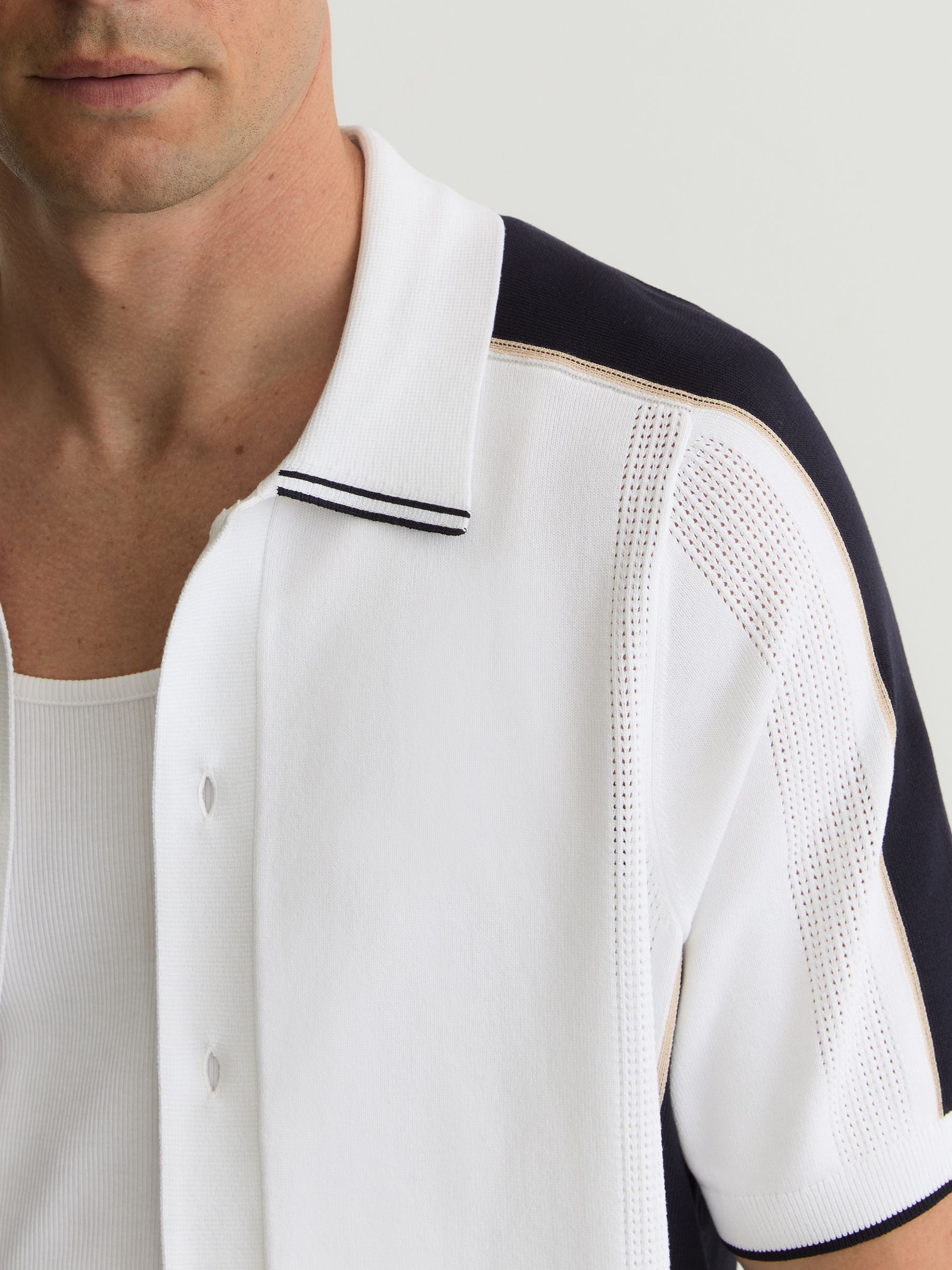 Colour-Block Knit Button-Through Shirt in Navy/White - image 5