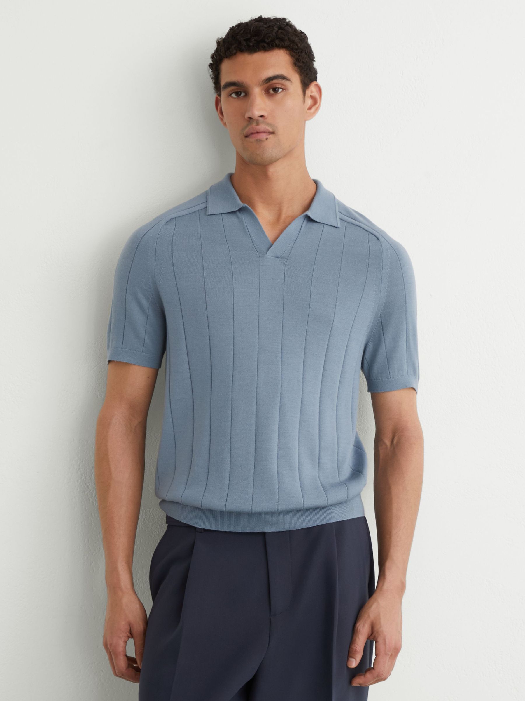 Merino Wool Wide-Rib Polo Jumper in Armour Blue - Image 1 of 6