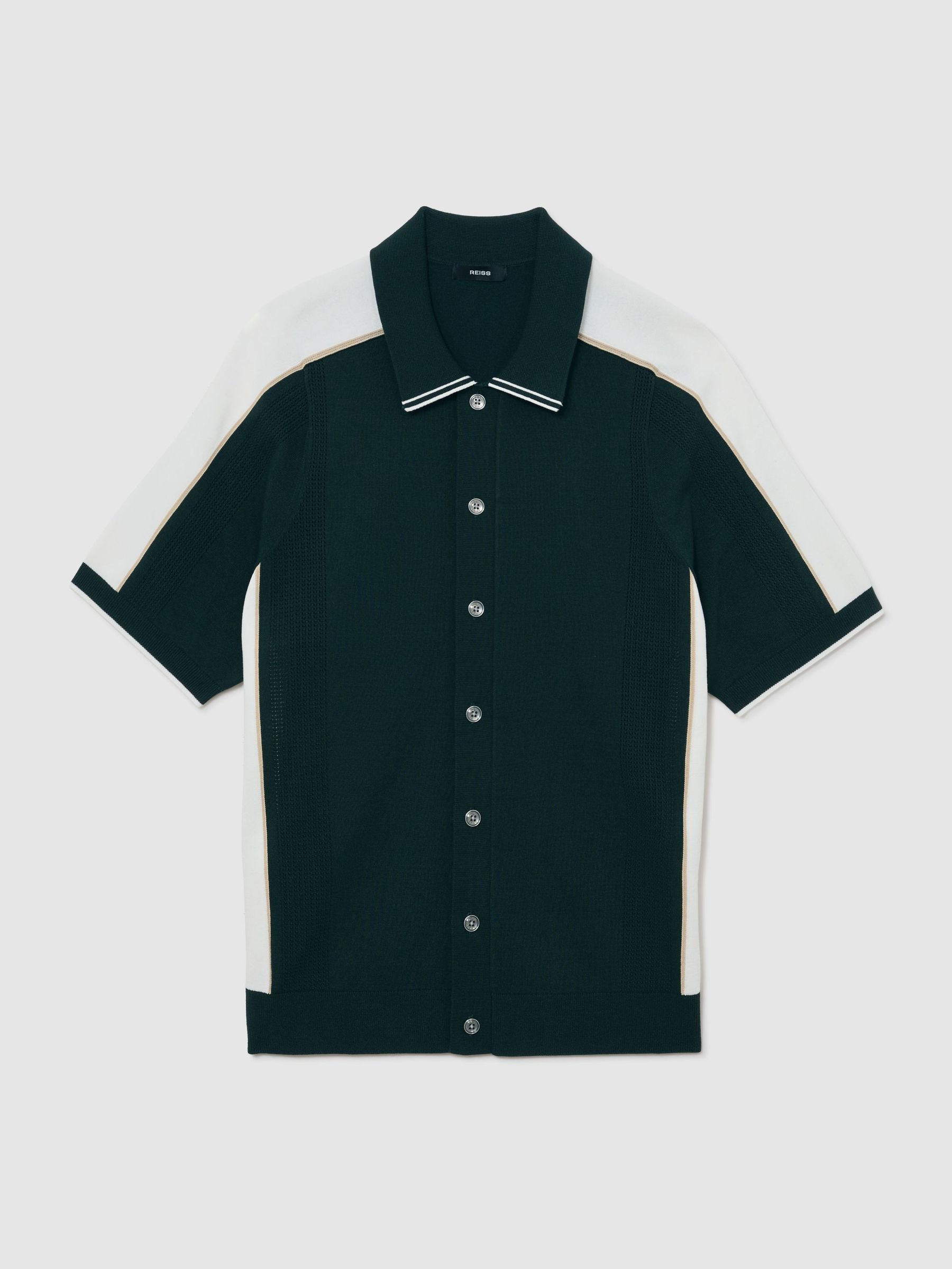 Colour-Block Knit Button-Through Shirt in Dark Green/White - image 1