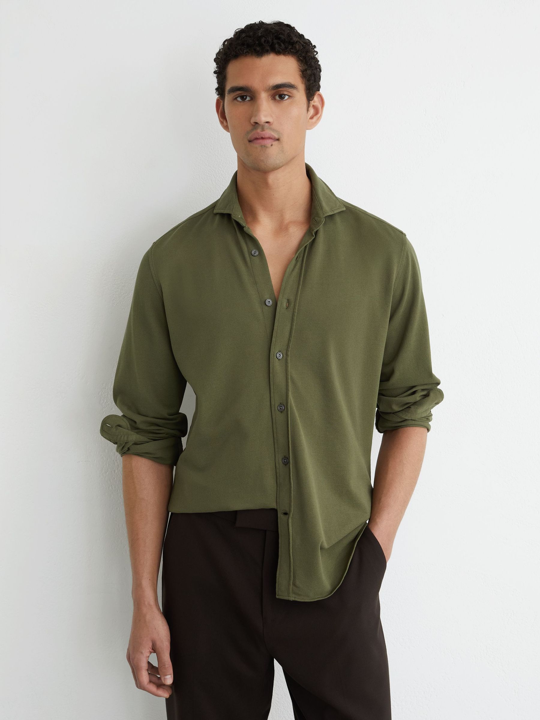 Cotton-Piqué Garment-Dyed Shirt Regular-Fit in Green - Image 1 of 6