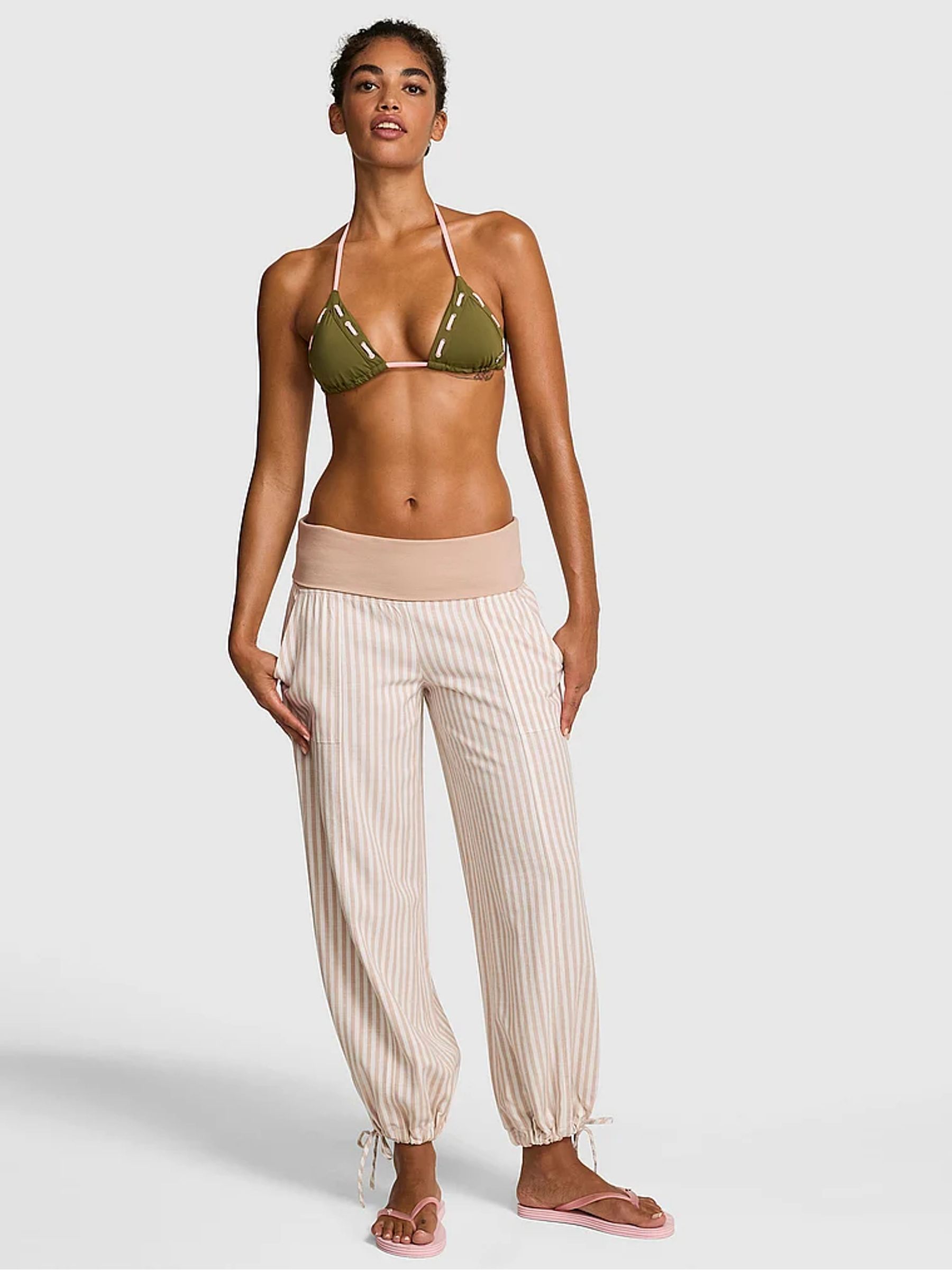 Beige Stripes Foldover Linen Trousers - Image 1 of 2 Beige Stripes Foldover Linen Trousers - Image 1 of 2
