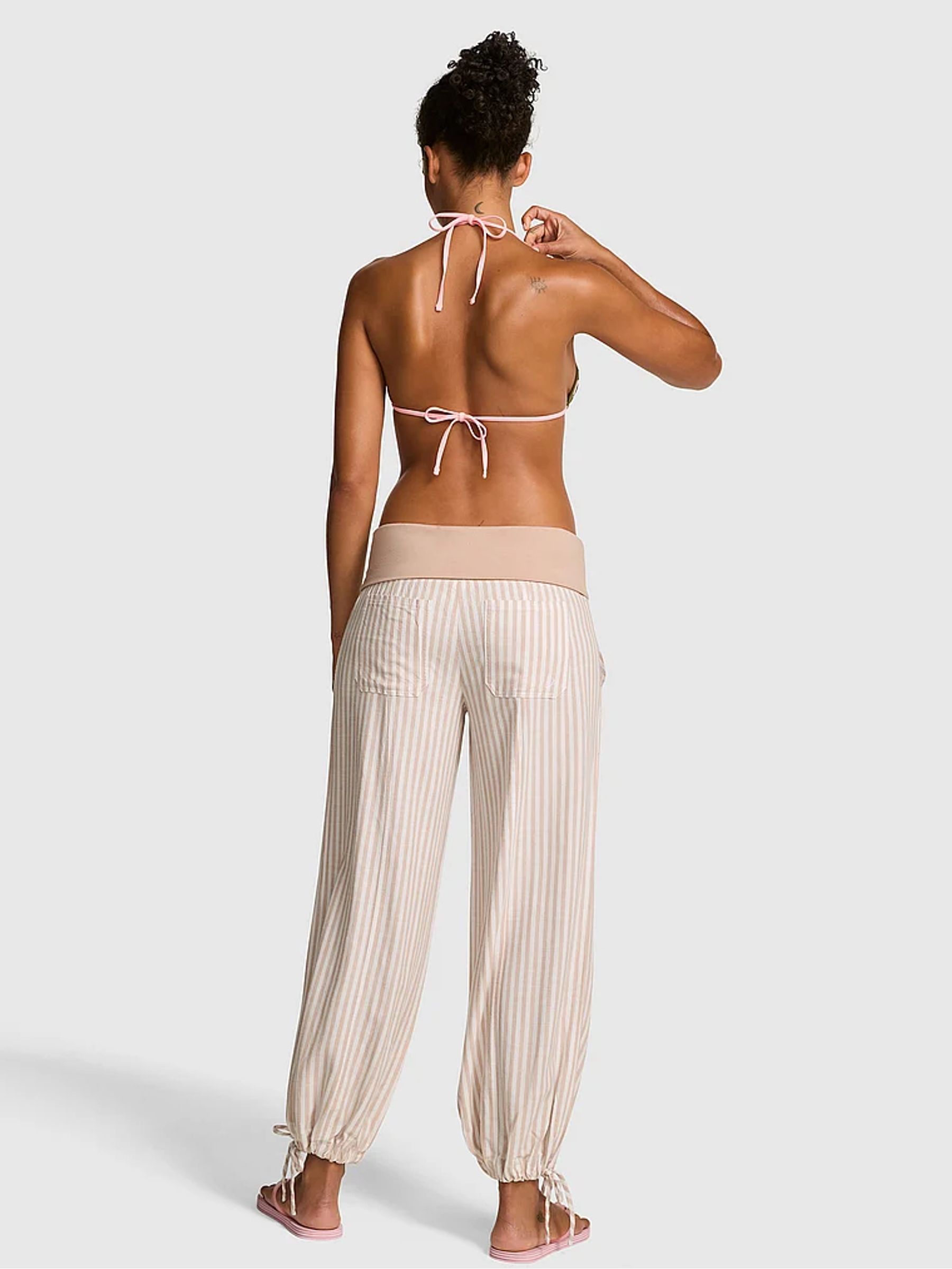 Beige Stripes Foldover Linen Trousers - Image 2 of 2 Beige Stripes Foldover Linen Trousers - Image 2 of 2
