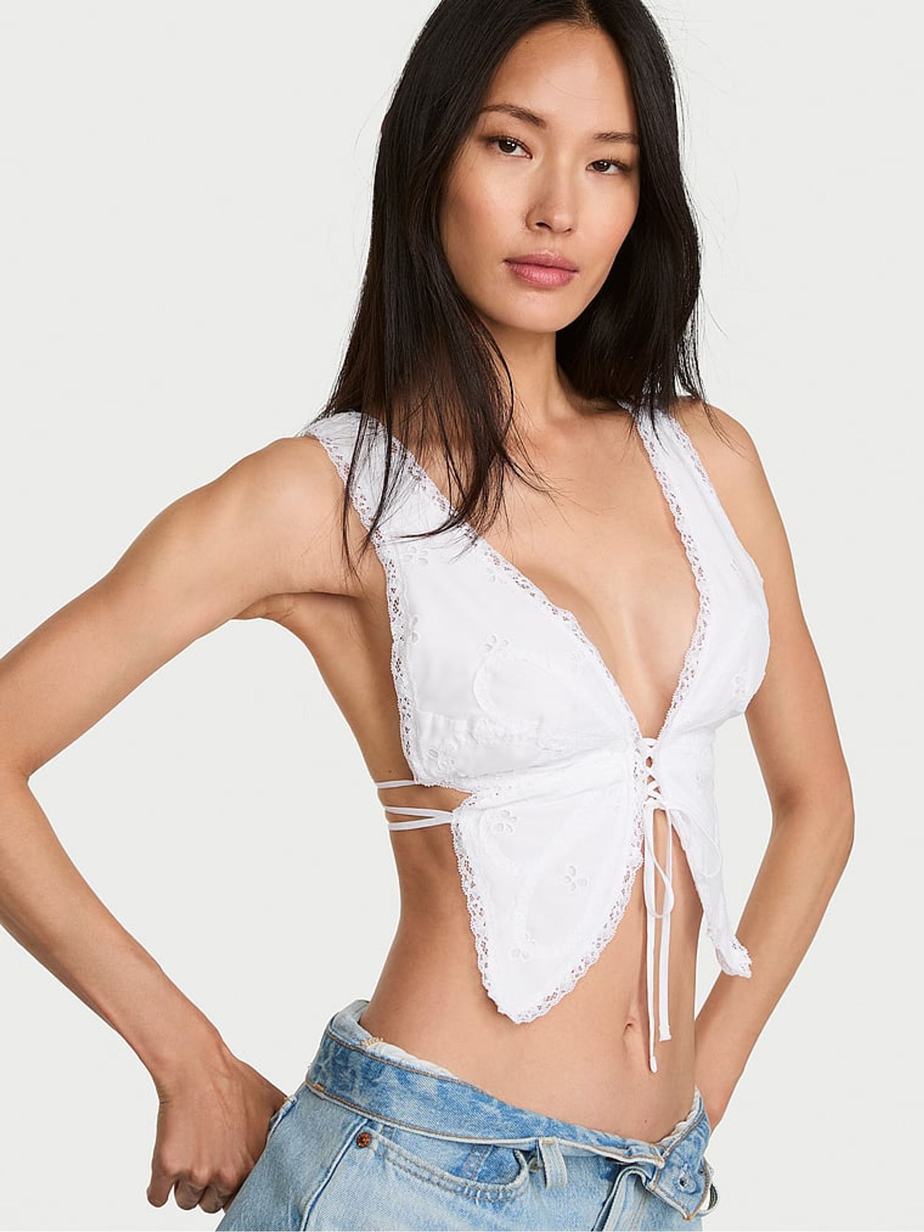 White Butterfly Eyelet Tie Back Crop Top - Image 1 of 2