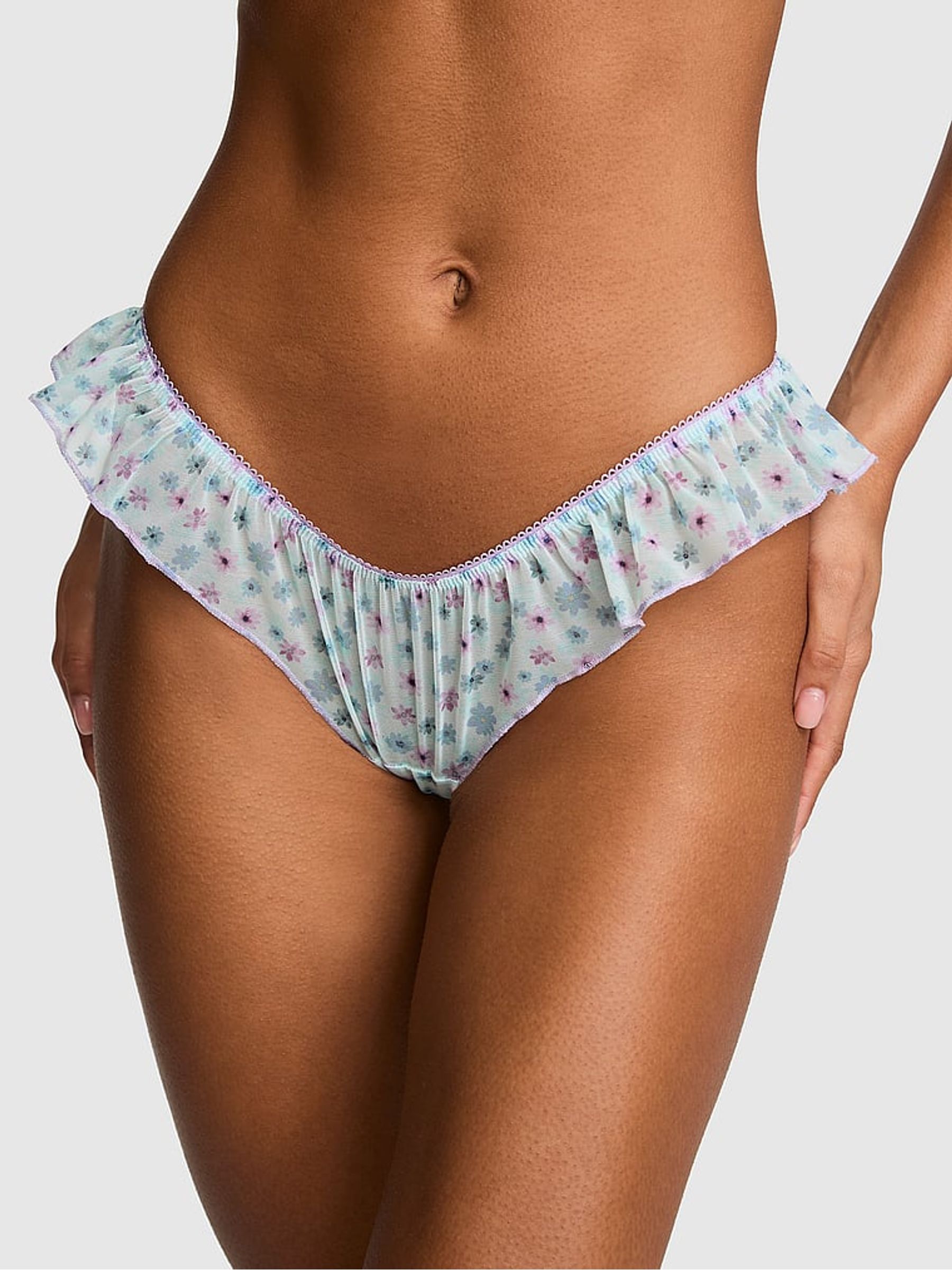 Spray Blue Floral Tanga Mesh Knickers - Image 1 of 2